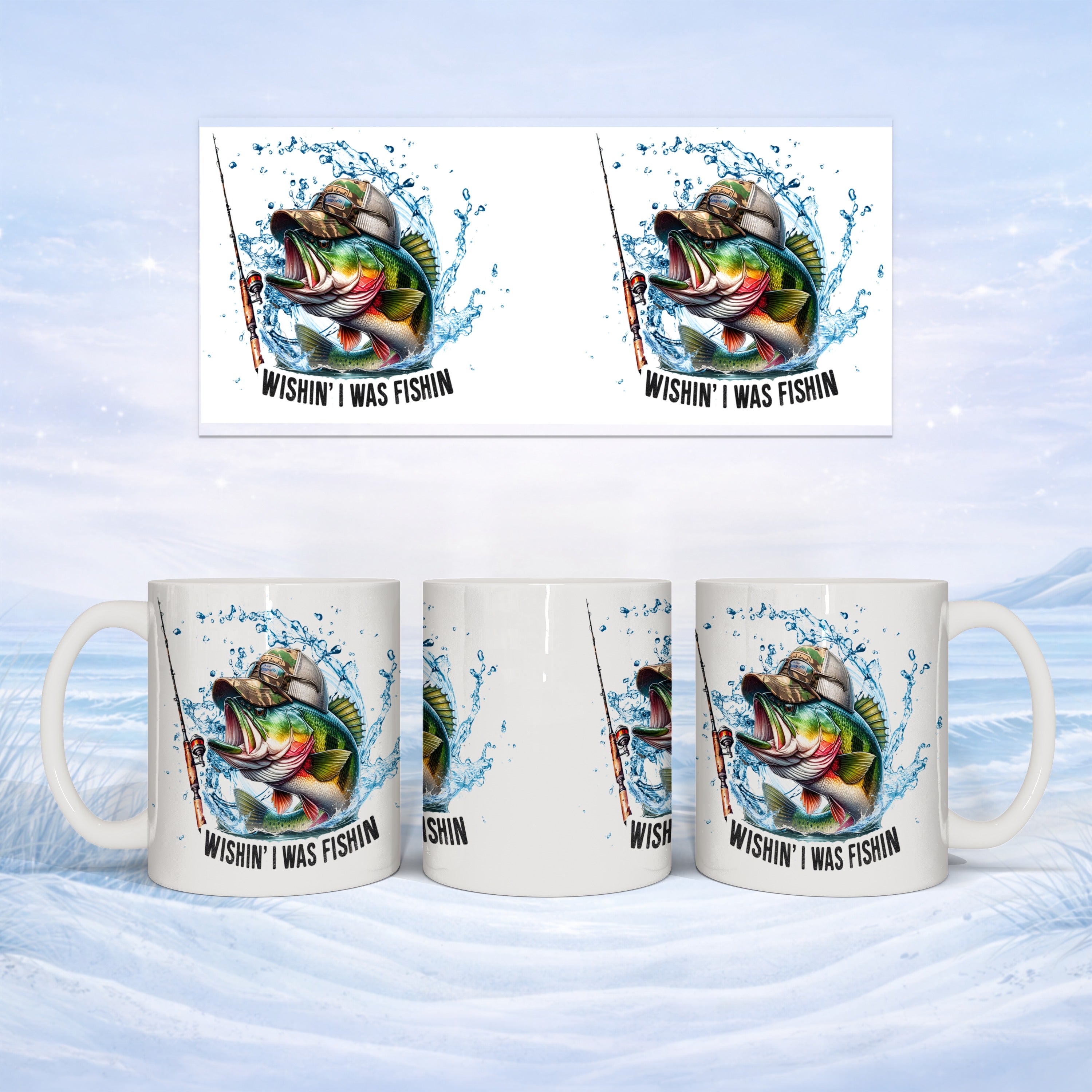 Mug with "Wishin' I Was Fishin'" text and fishing bass illustration.