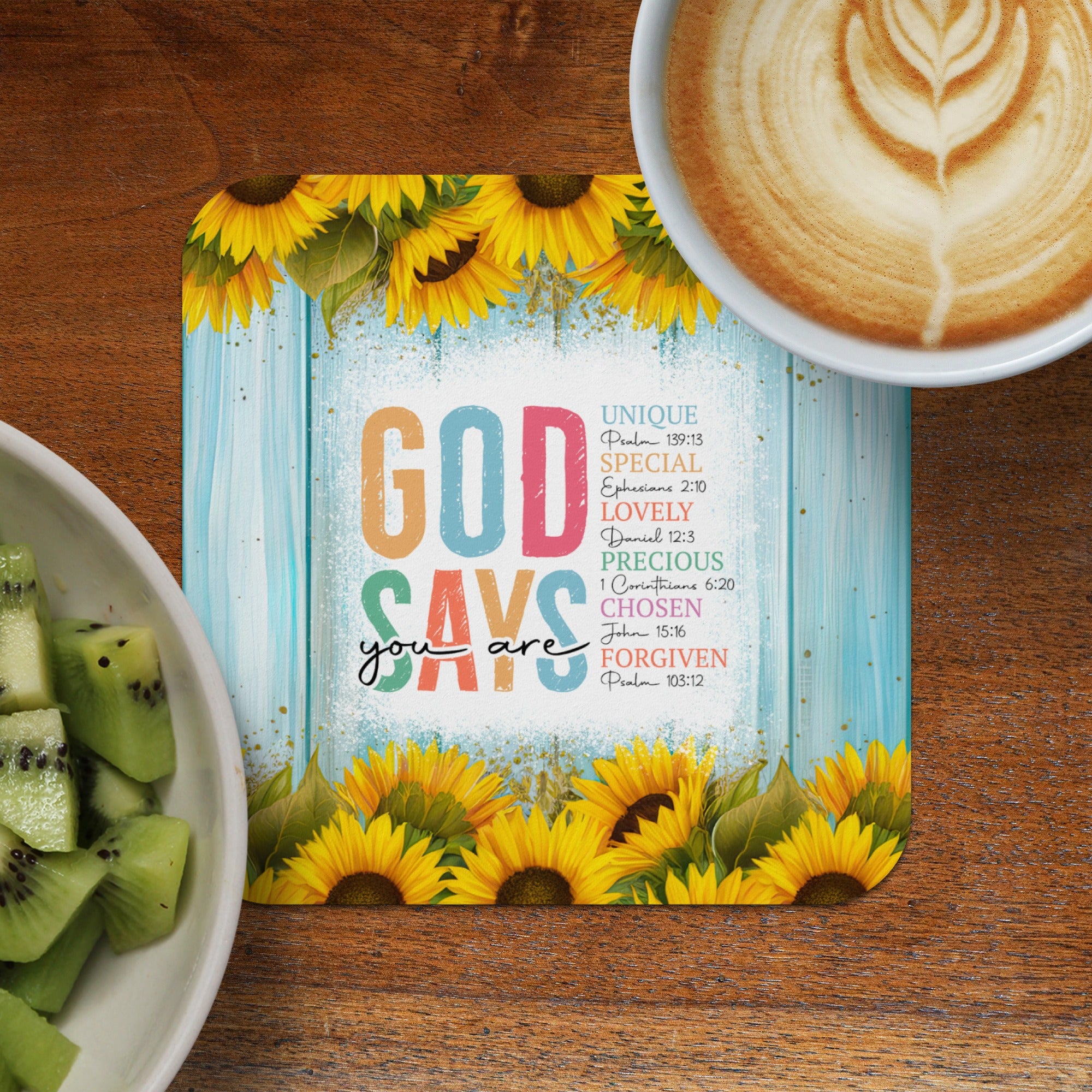 God Says You Are Forgiven text with Bible verses surrounded by sunflowers.