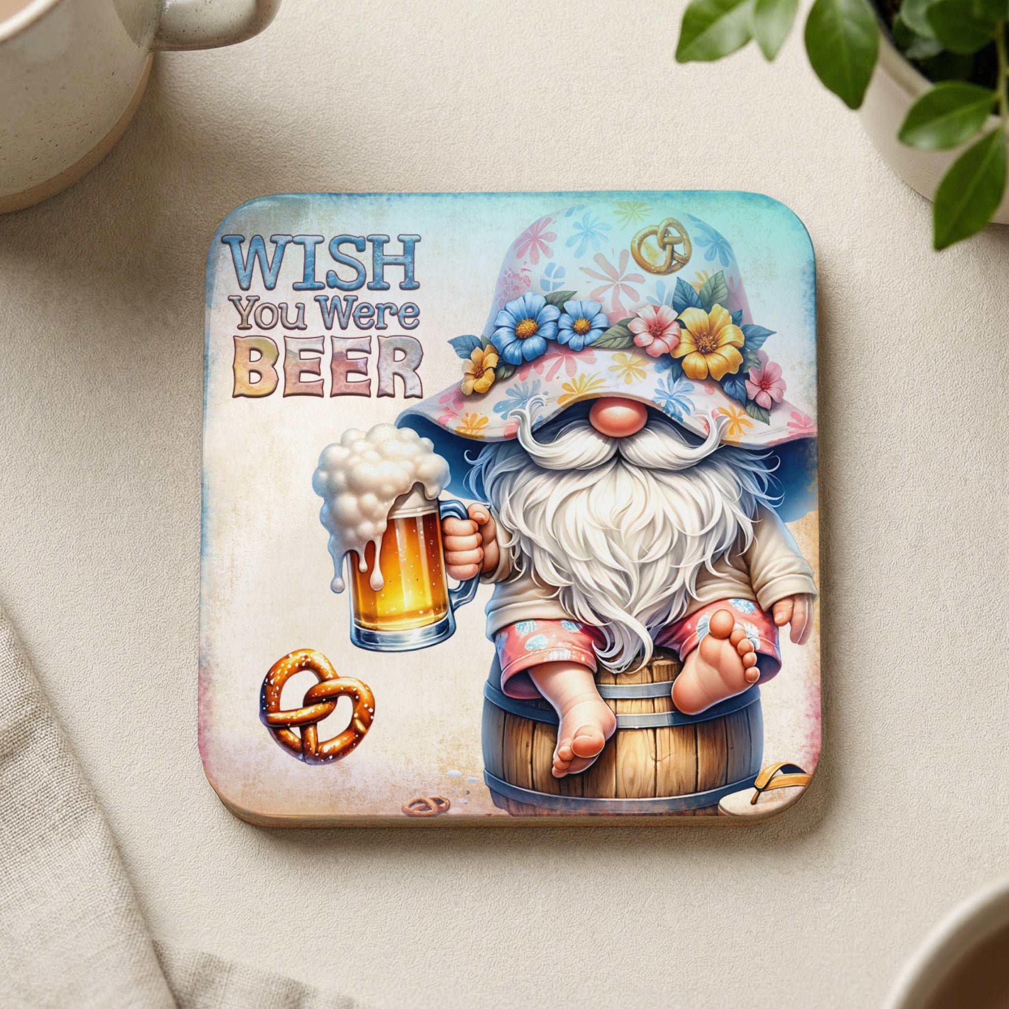Gnome with beer and pretzel, "Wish You Were Beer" text.