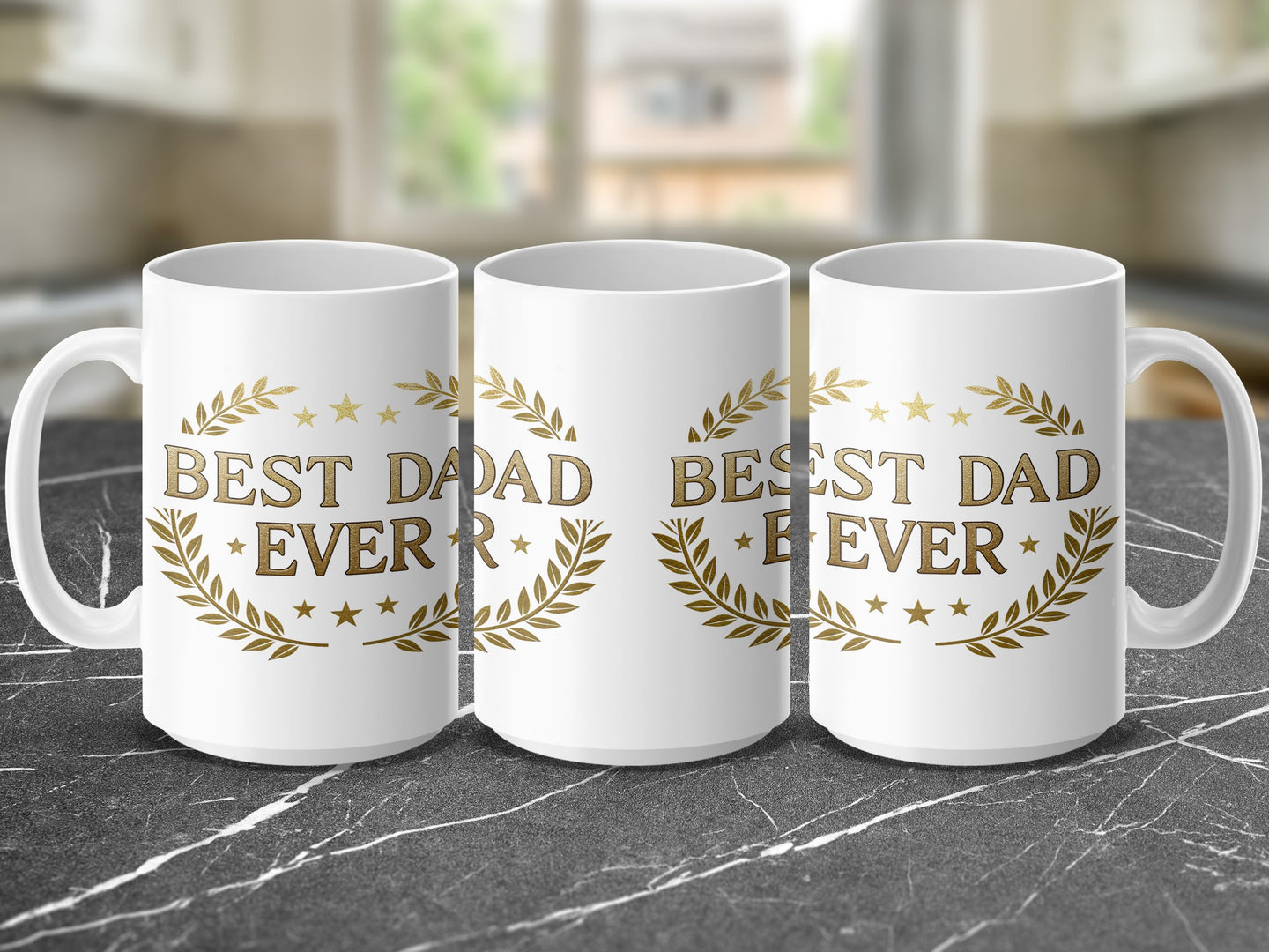 Three white ceramic mugs with "BEST DAD EVER" in gold laurel wreath.