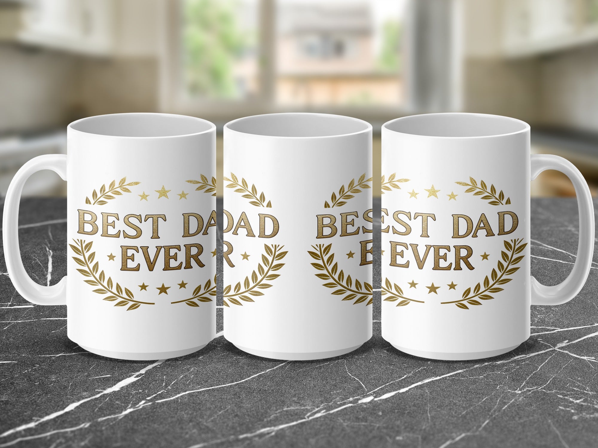Three white ceramic mugs with "BEST DAD EVER" in gold laurel wreath.