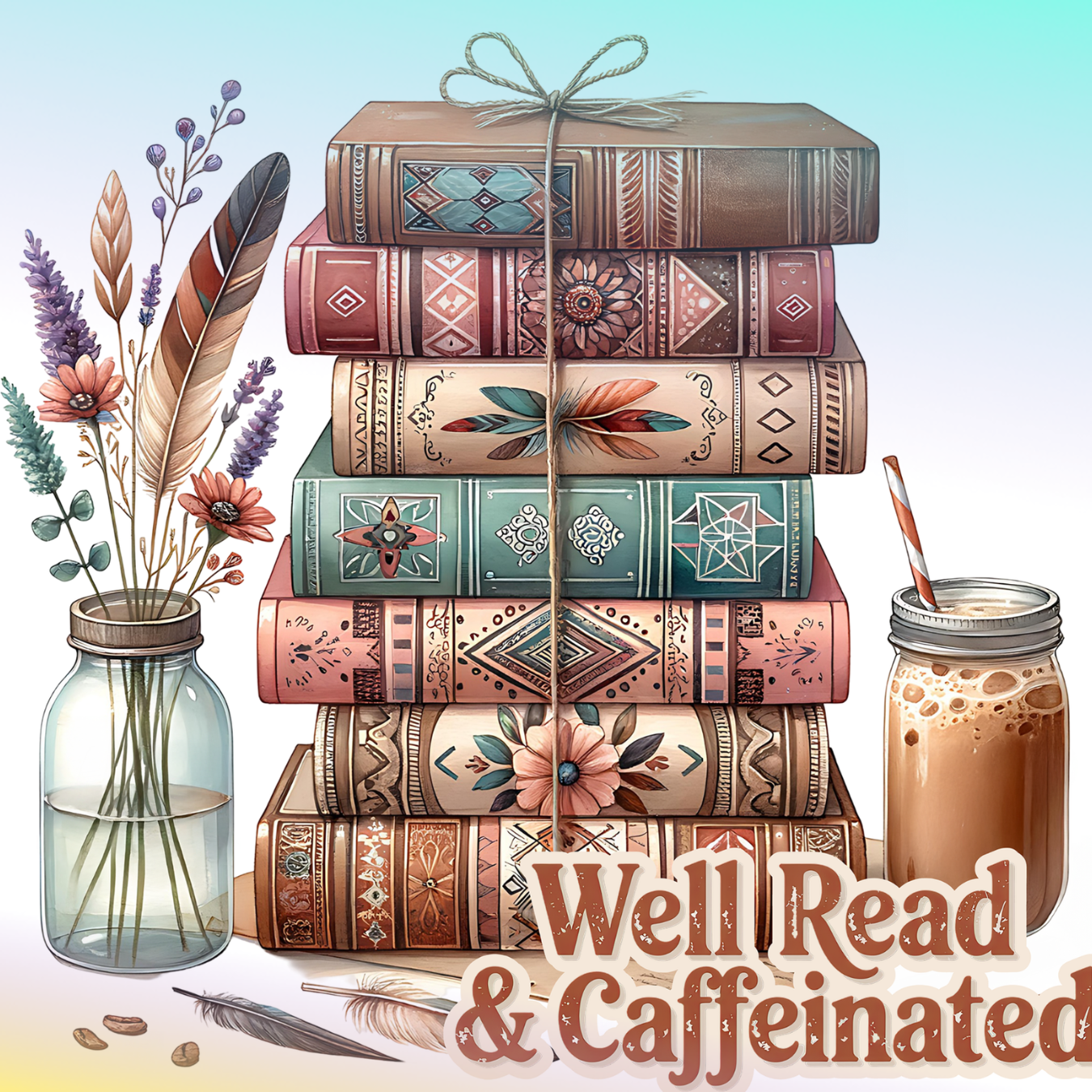 Stack of vintage books with flowers, feathers, and iced coffee.
