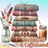 Stack of vintage books with flowers, feathers, and iced coffee.