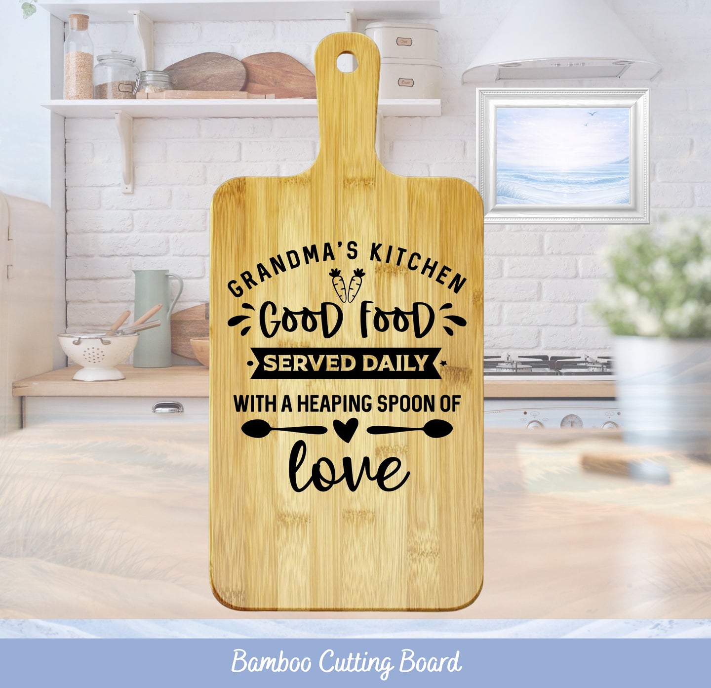 Bamboo cutting board with "Grandma's Kitchen Good Food Served Daily" text.