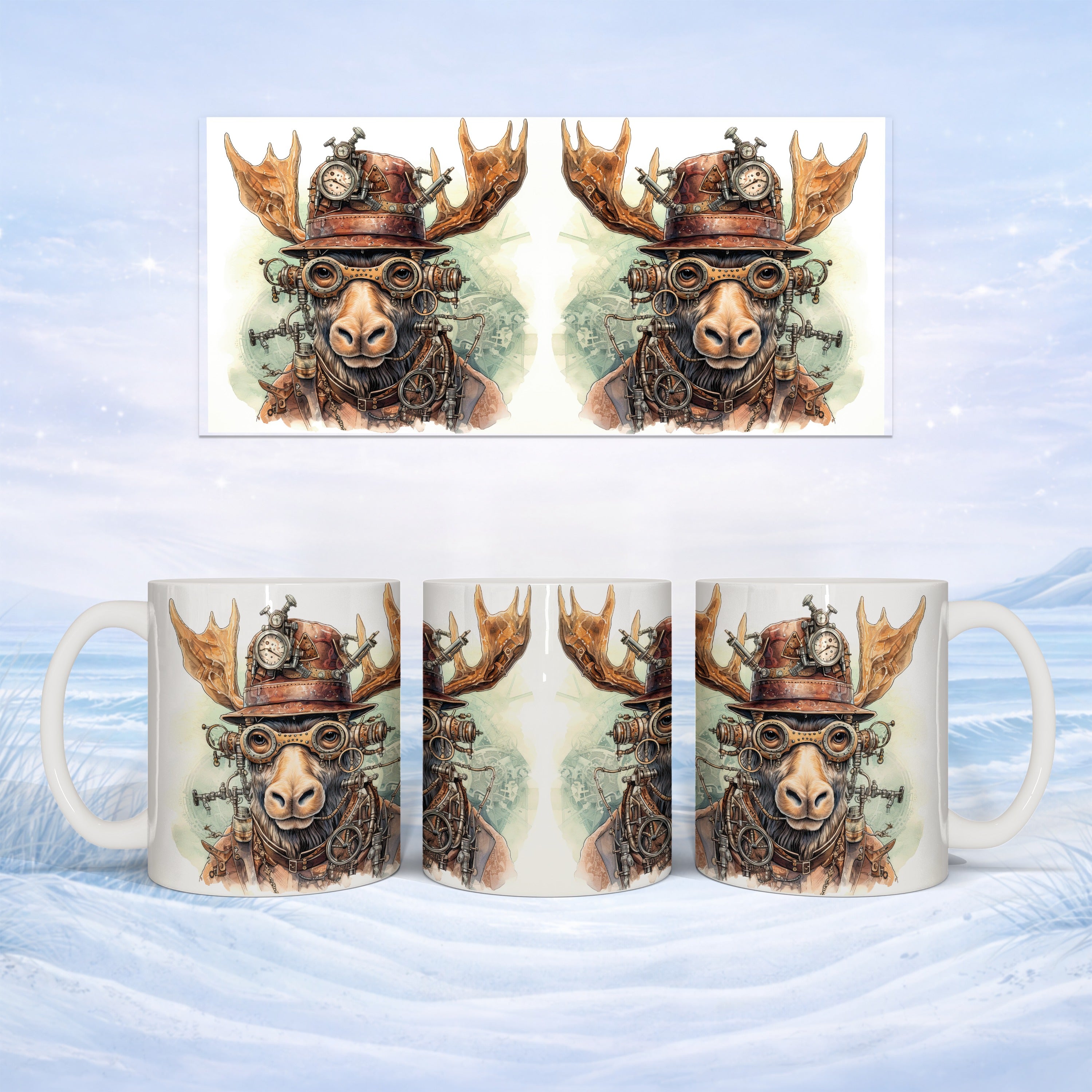Steampunk moose illustration on white mug, repeated four times against snowy landscape.