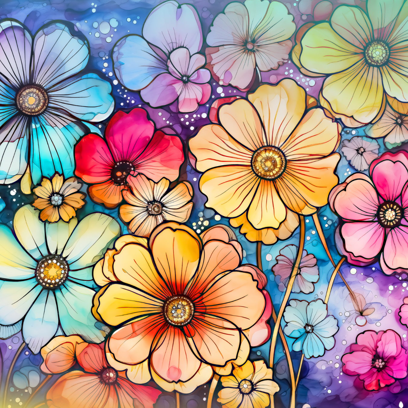 Watercolor flowers with vibrant colors and transparent petals on a blue background.