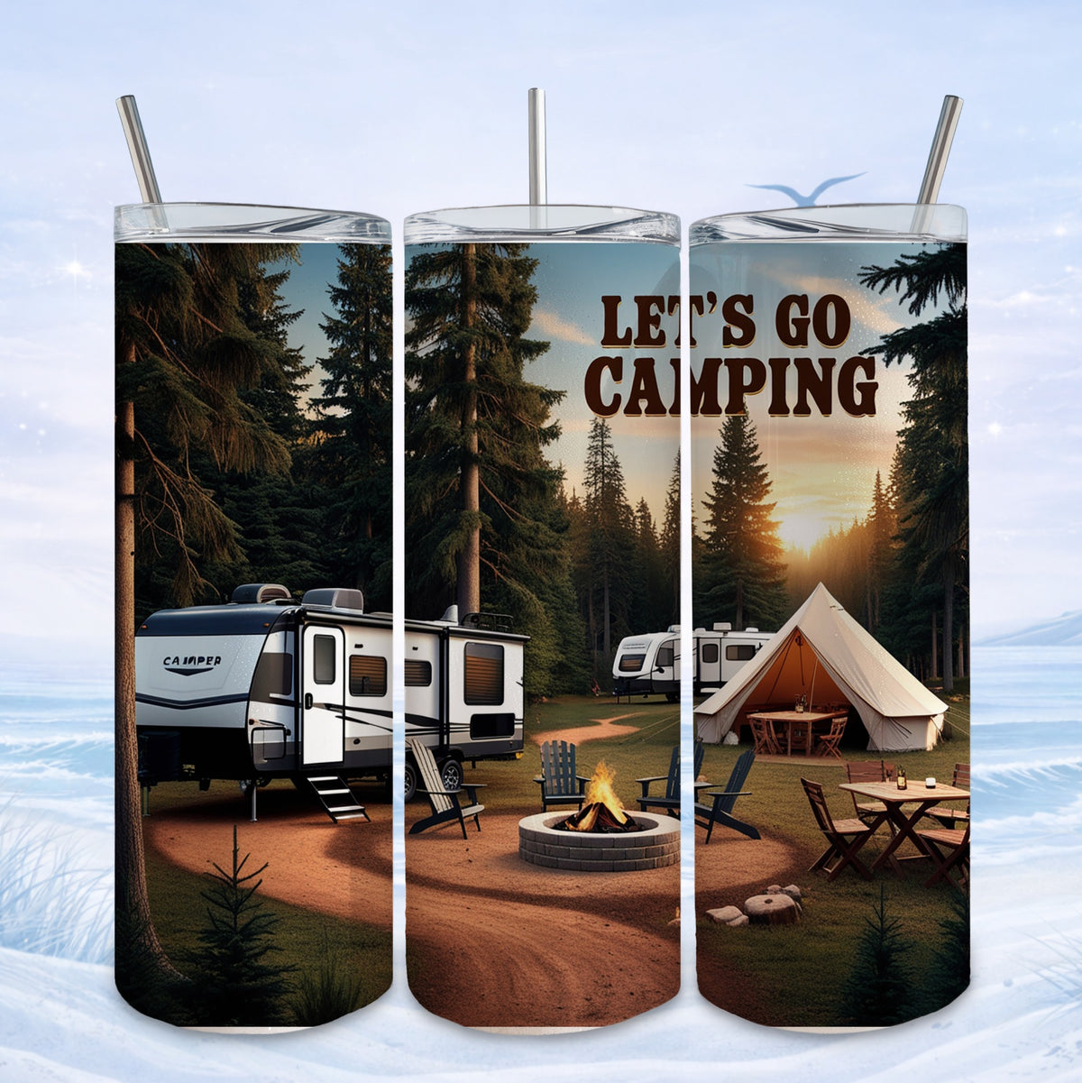 Three tumblers show a camping scene with a camper, tent, and fire pit.