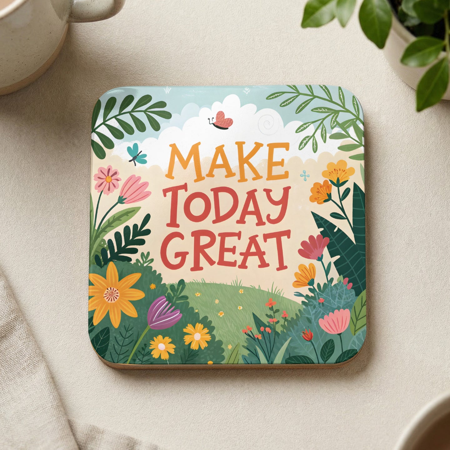 Coaster with floral design and "Make Today Great" text.