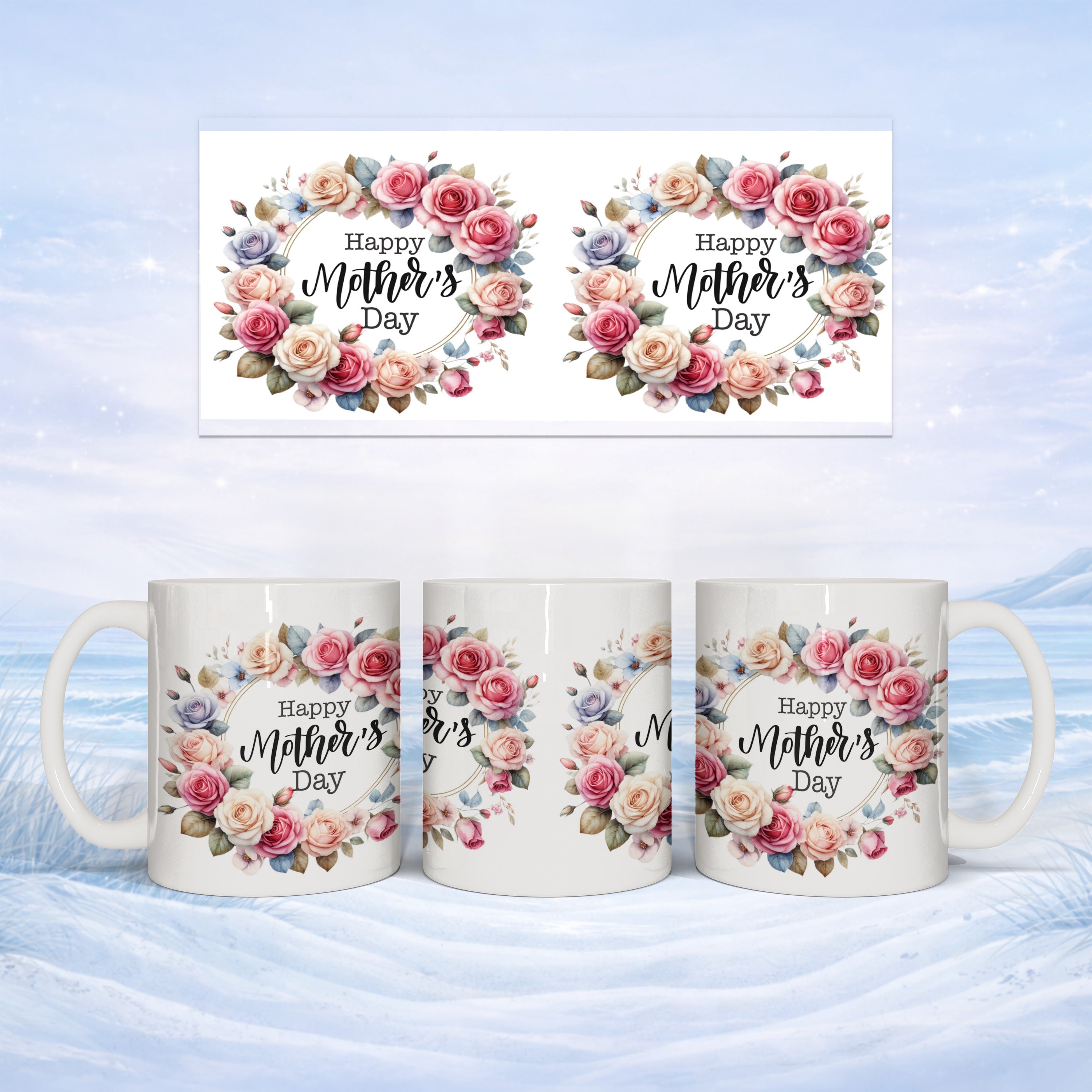 Mugs with floral wreaths and "Happy Mother's Day" text, presented on a frosty background.