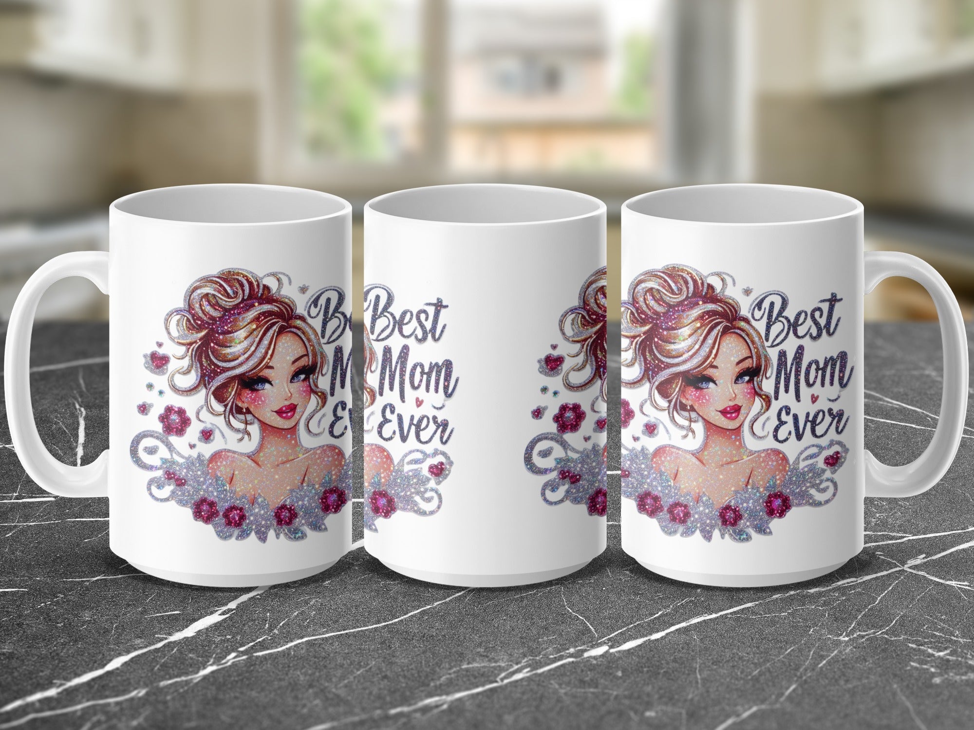 Three white mugs featuring "Best Mom Ever" and a woman's illustration.