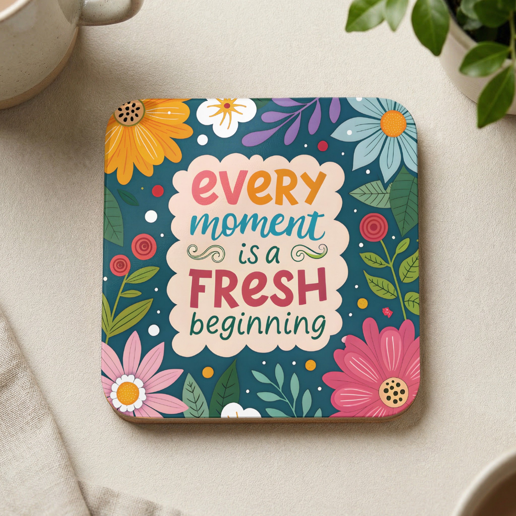 Square coaster with floral pattern and text "every moment is a fresh beginning".