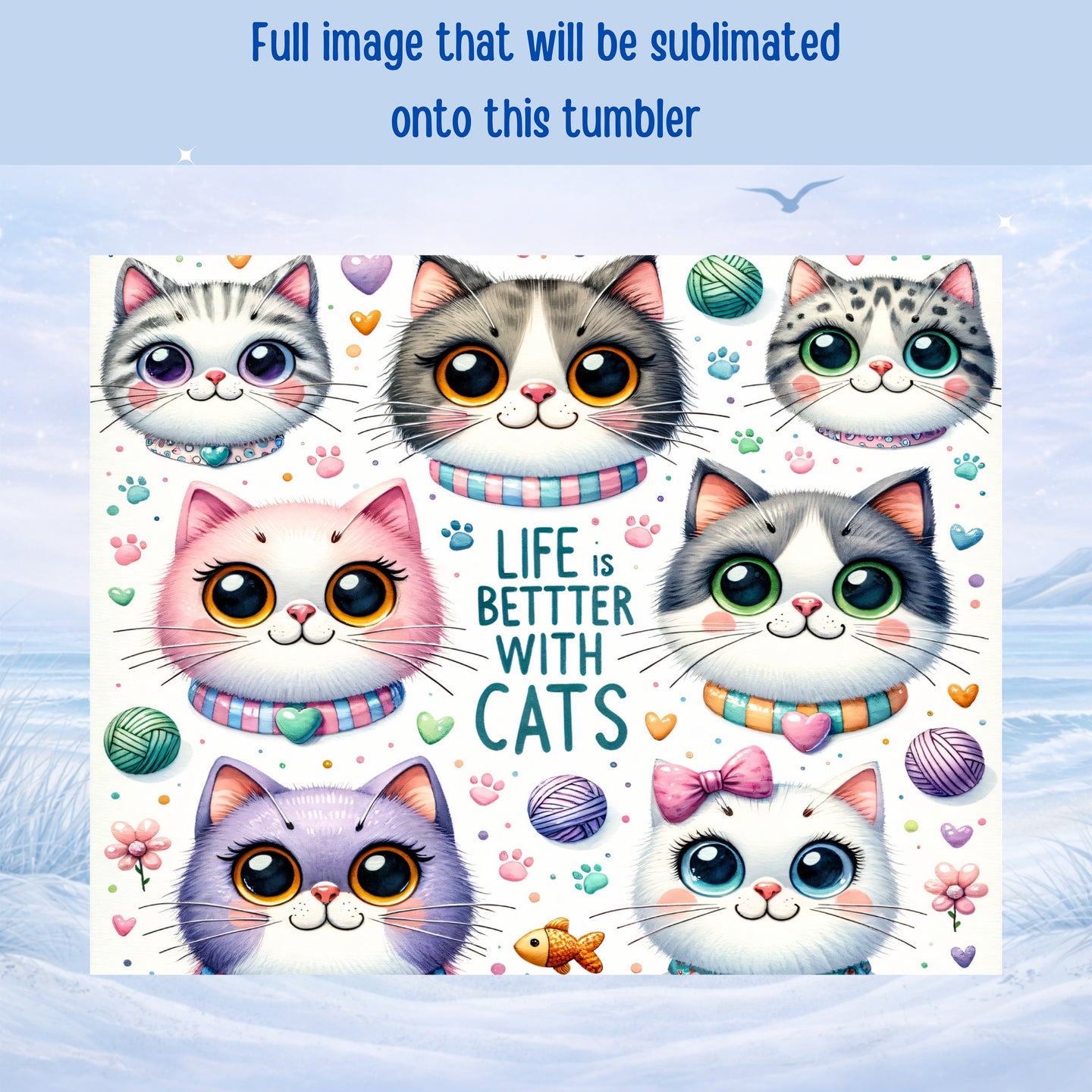 Cartoon cats with large eyes and yarn balls surround text "Life is better with cats".