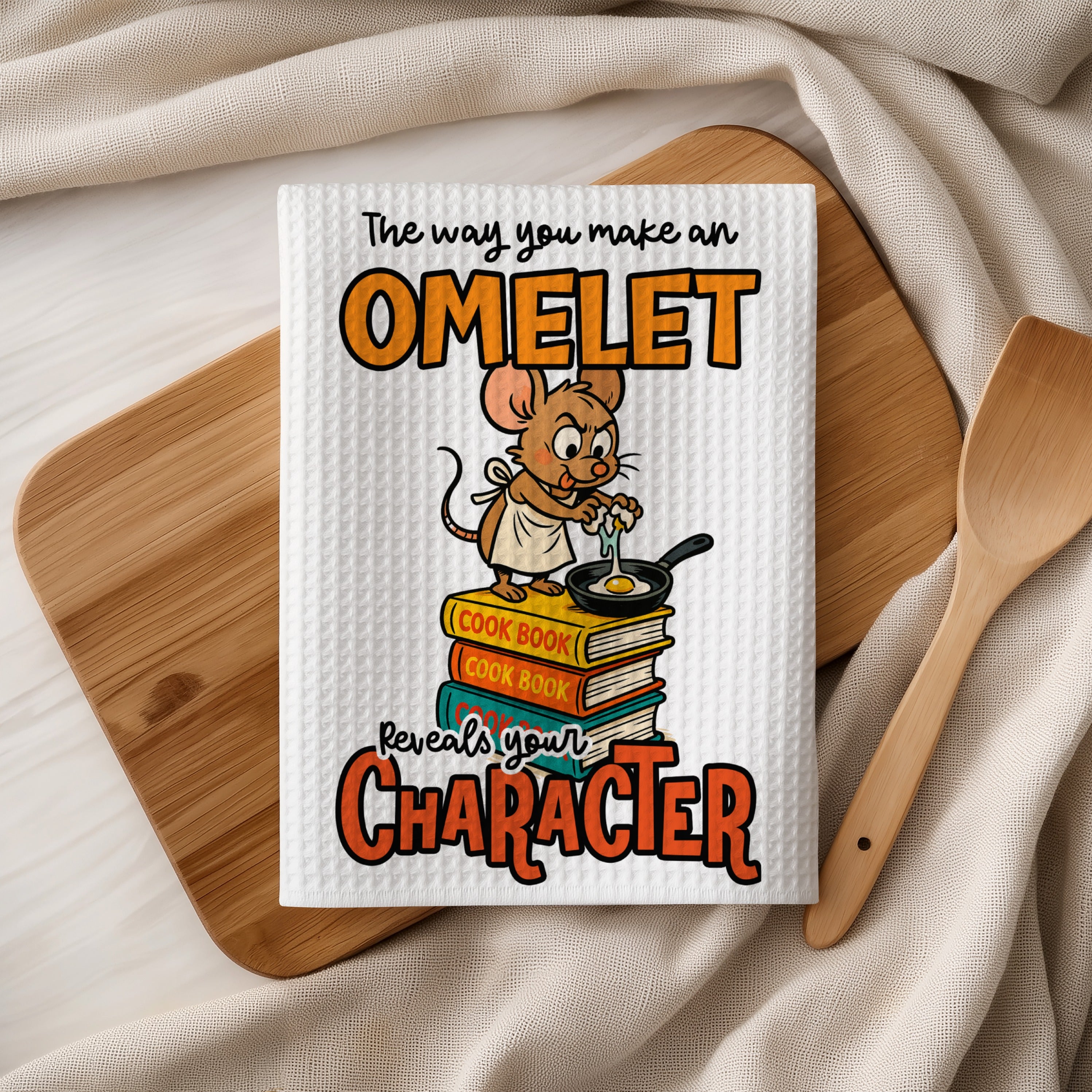 Mouse cooking omelet on stack of cookbooks, text says "The way you make an OMELET reveals your CHARACTER."