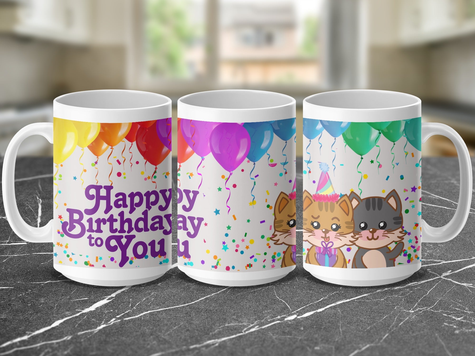 Three mugs with balloons and cats wishing "Happy Birthday to You."