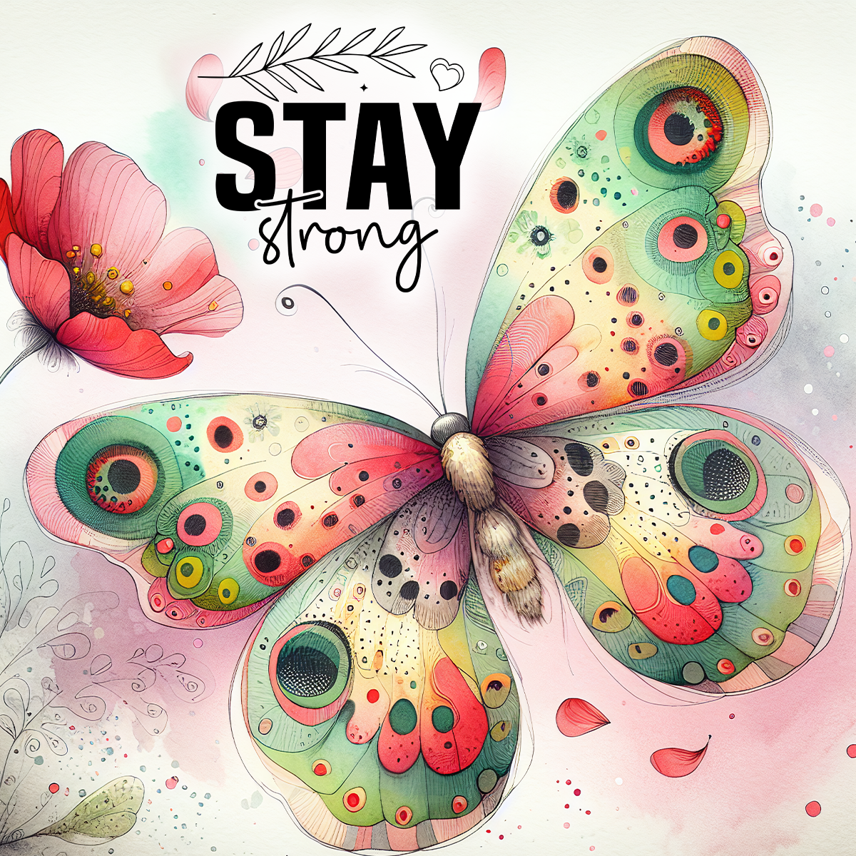 Colorful butterfly with "STAY strong" text and floral elements.