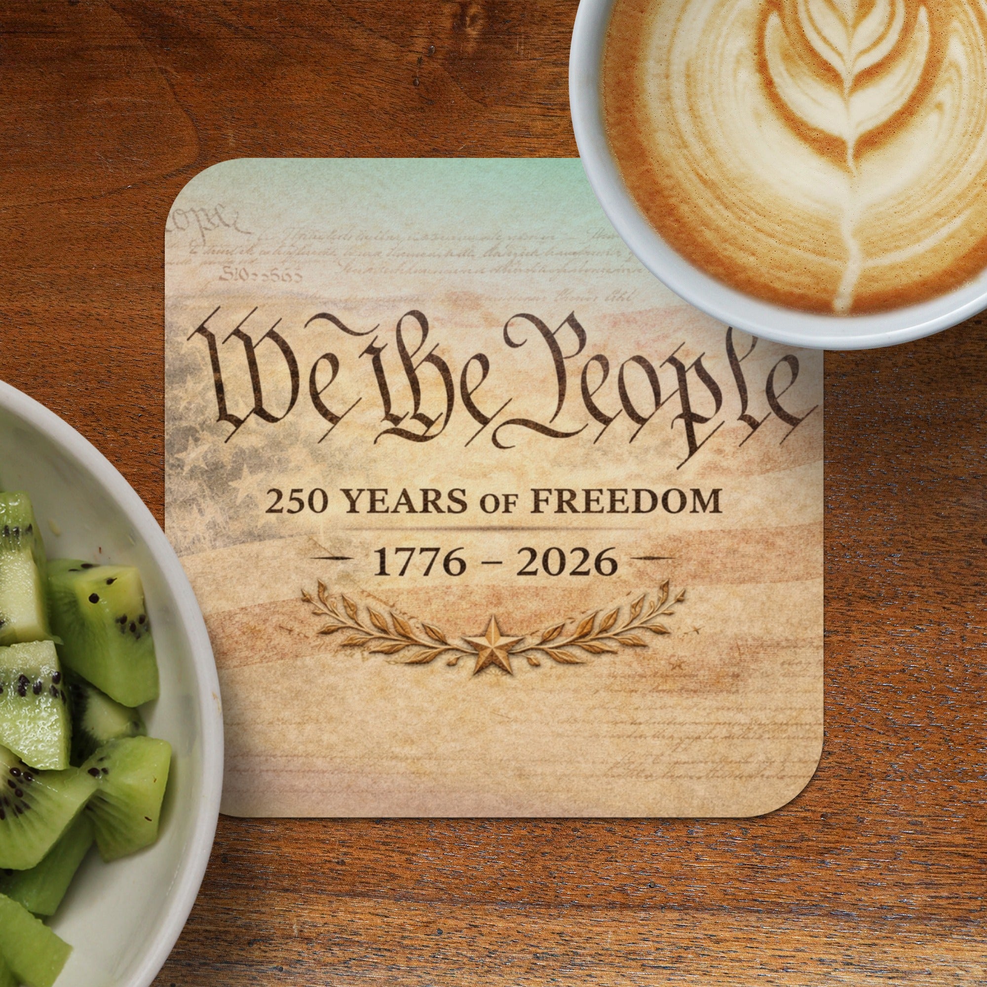 Coaster with "We the People 250 Years of Freedom 1776 - 2026" text.