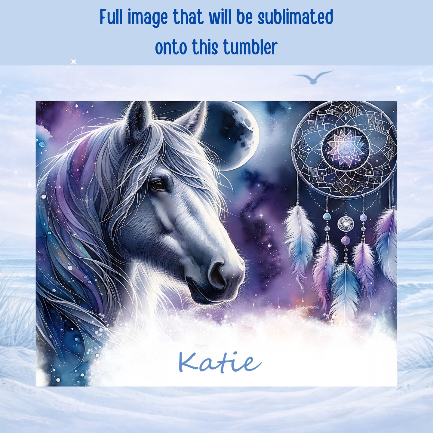 White horse with purple accents, moon, and dreamcatcher, text "Katie".