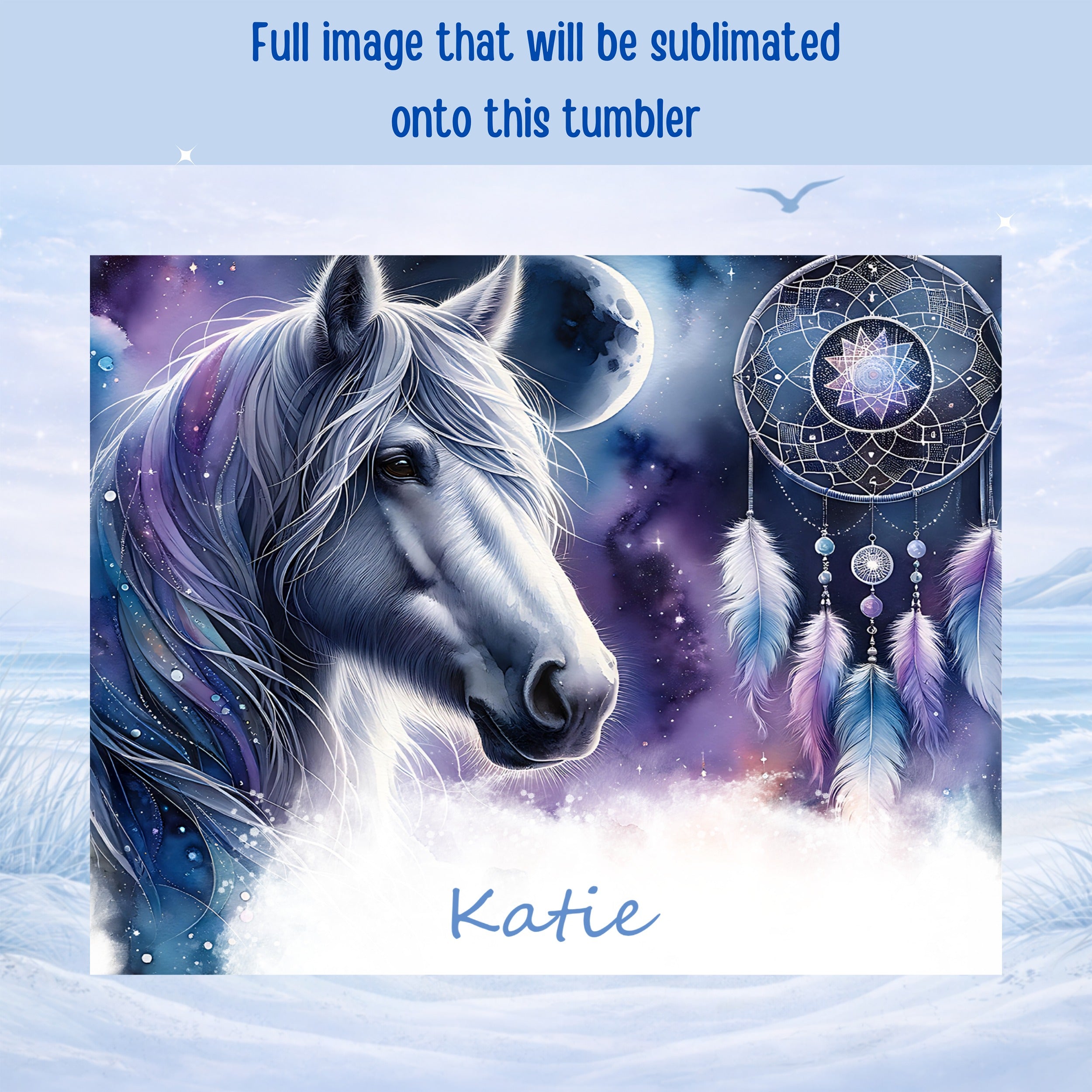 White horse with purple accents, moon, and dreamcatcher, text "Katie".