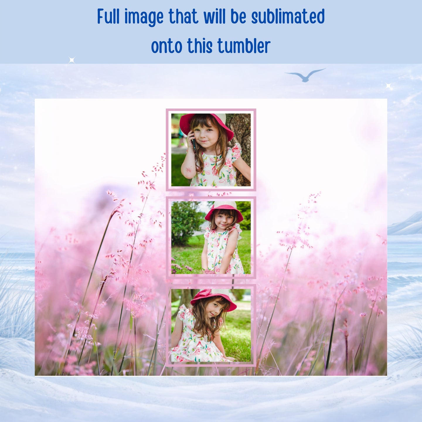 Three framed photos of a young girl in a floral dress on a pink background.