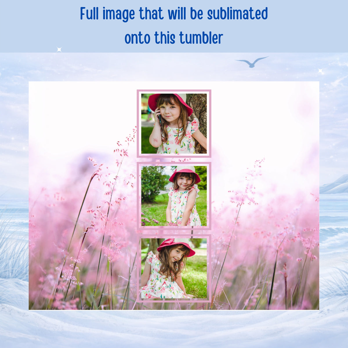 Three framed photos of a young girl in a floral dress on a pink background.