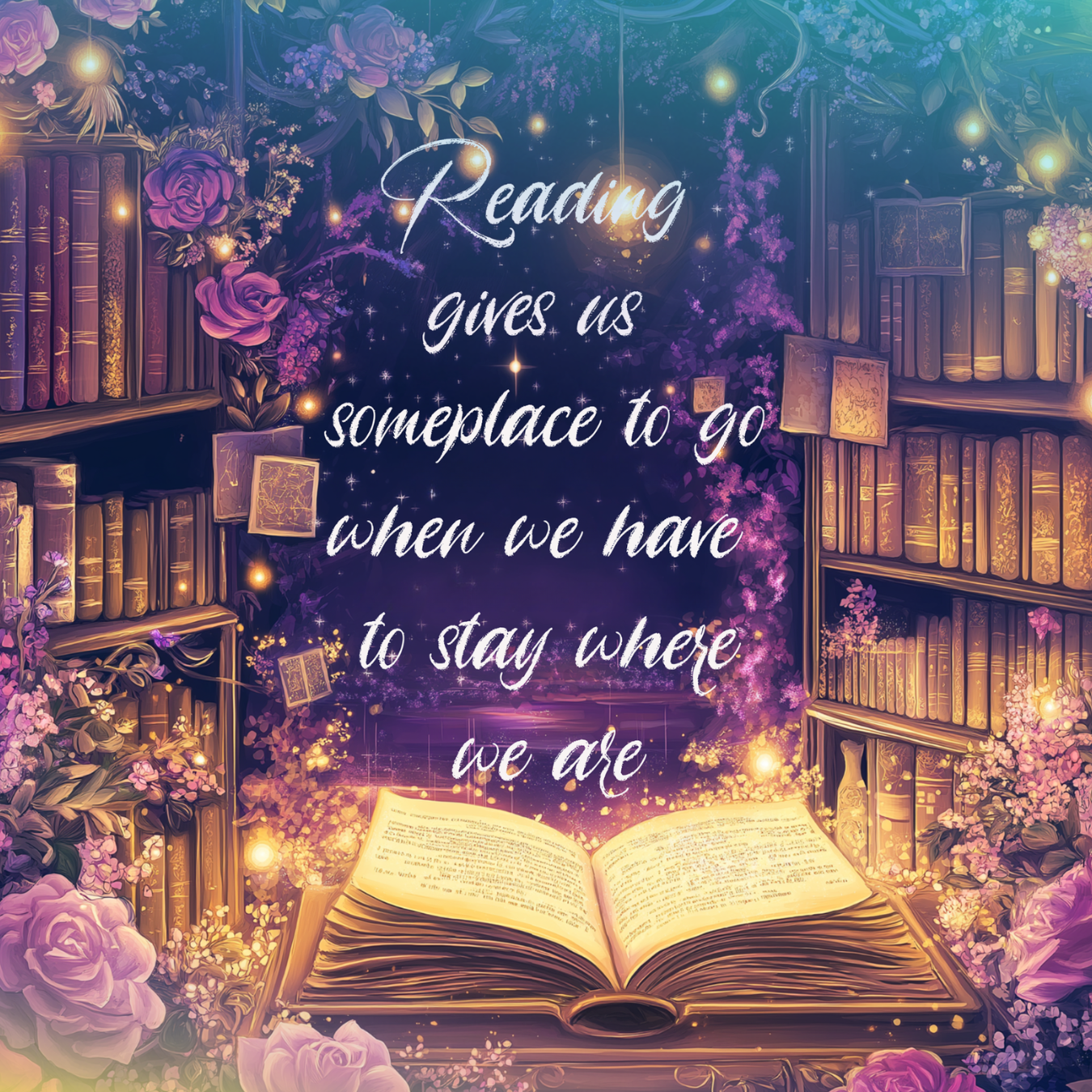 Open book with quote "Reading gives us someplace to go when we have to stay where we are."
