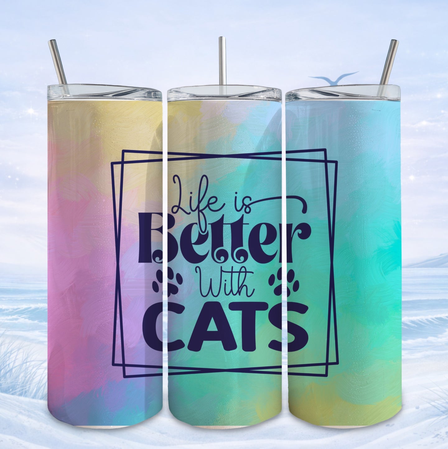 Three tumblers with "Life is Better With Cats" text on a snowy background.