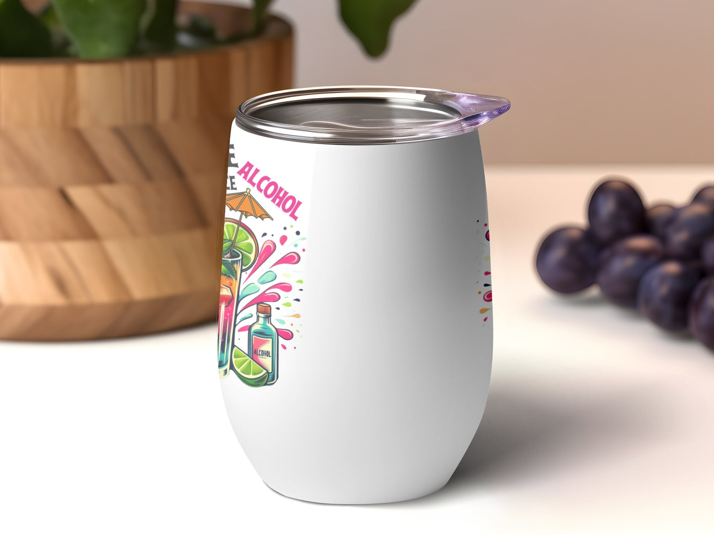 White stemless wine tumbler with colorful cocktail graphics and text "LESS ALCOHOL".