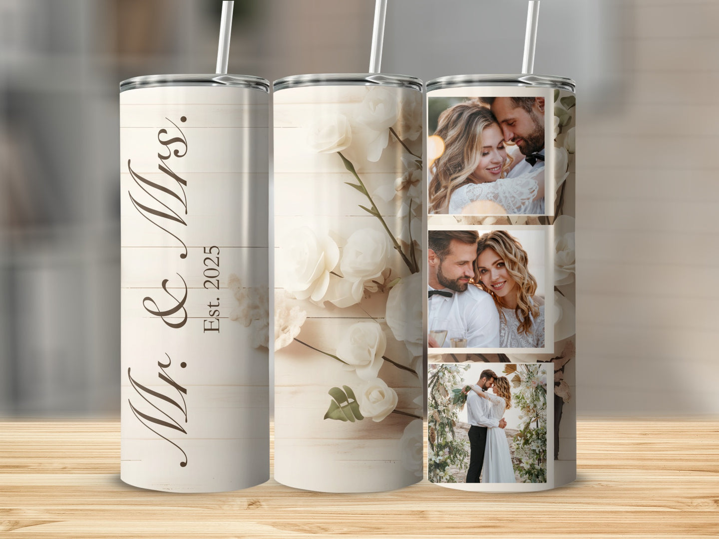 Mr. & Mrs. Est. 2025 wedding photo collage on a white floral tumbler.