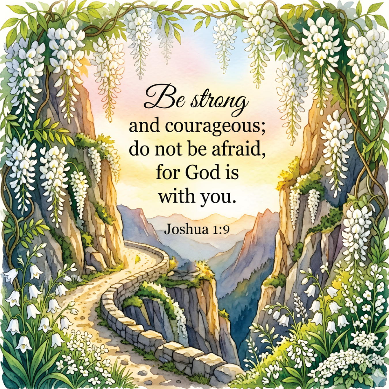 Bible verse Joshua 1:9 with lush white flowers and mountain scenery.