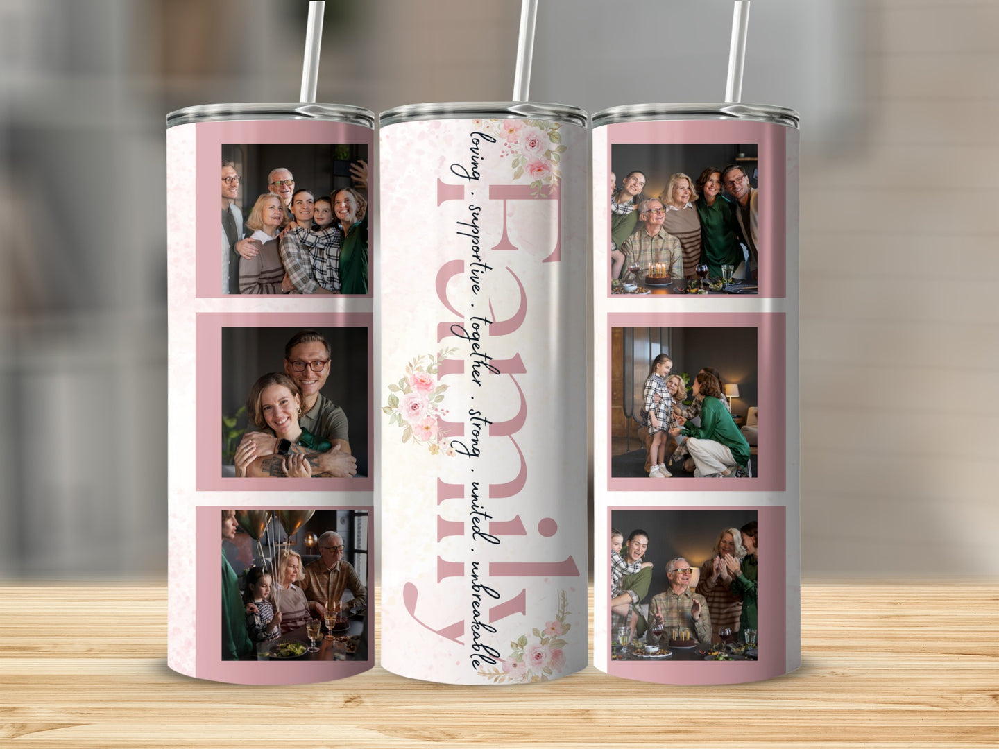 Tall tumbler with "Family" in script and photos of family gatherings.