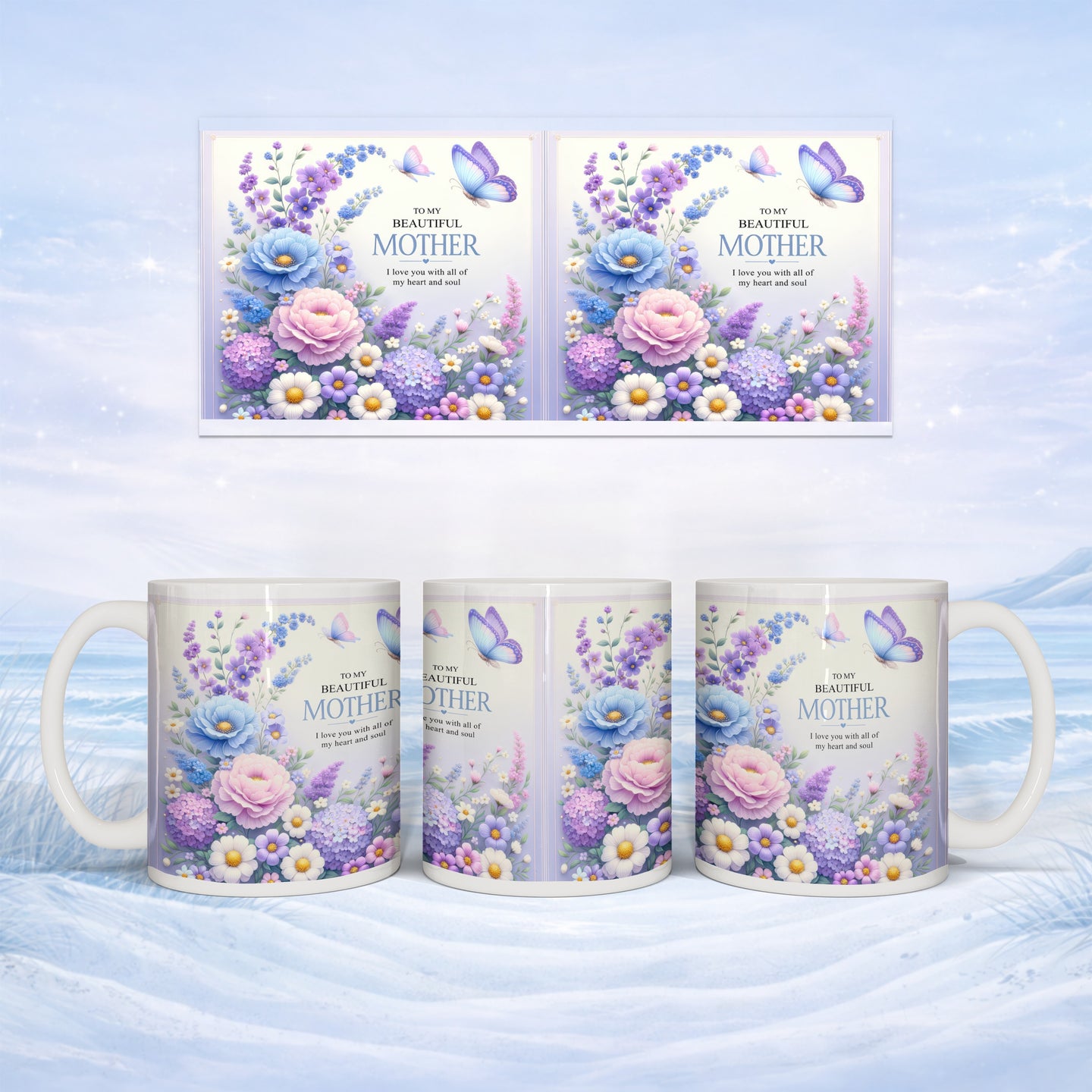 Floral mug with "To My Beautiful Mother" text, set against snowy landscape.