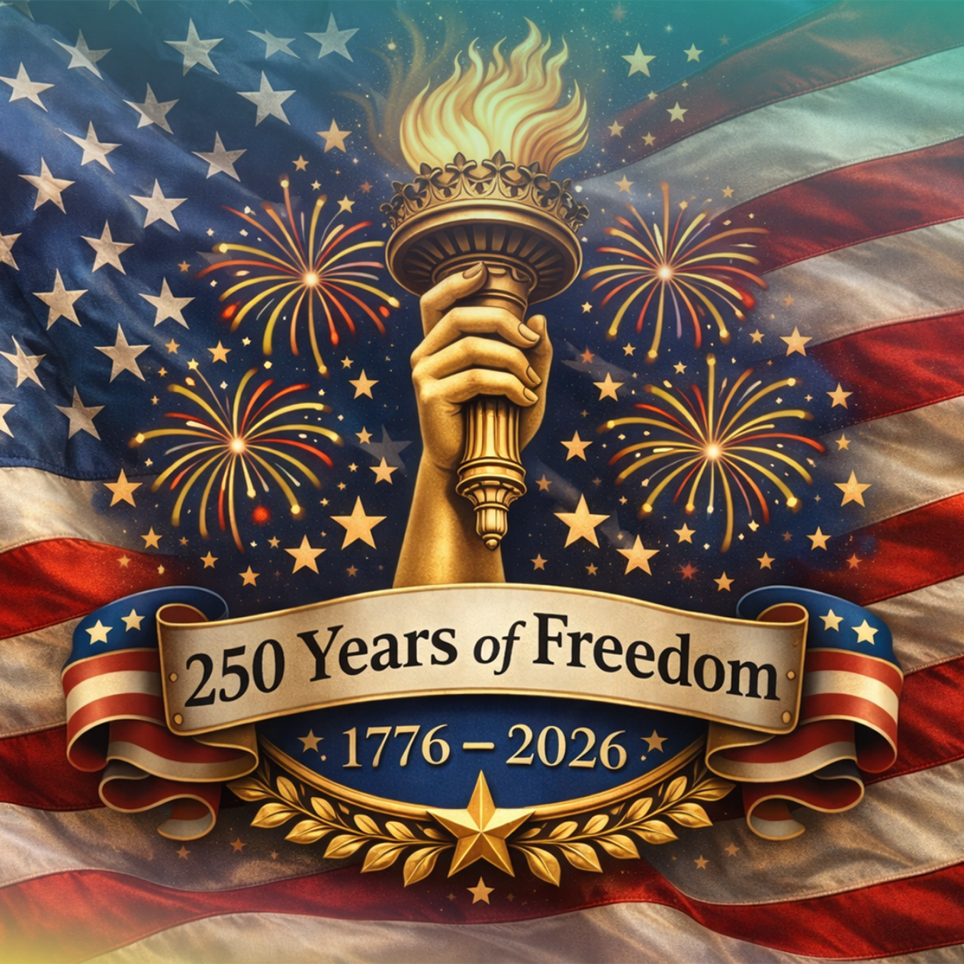 Statue of Liberty torch held aloft against American flag with "250 Years of Freedom 1776-2026" banner.