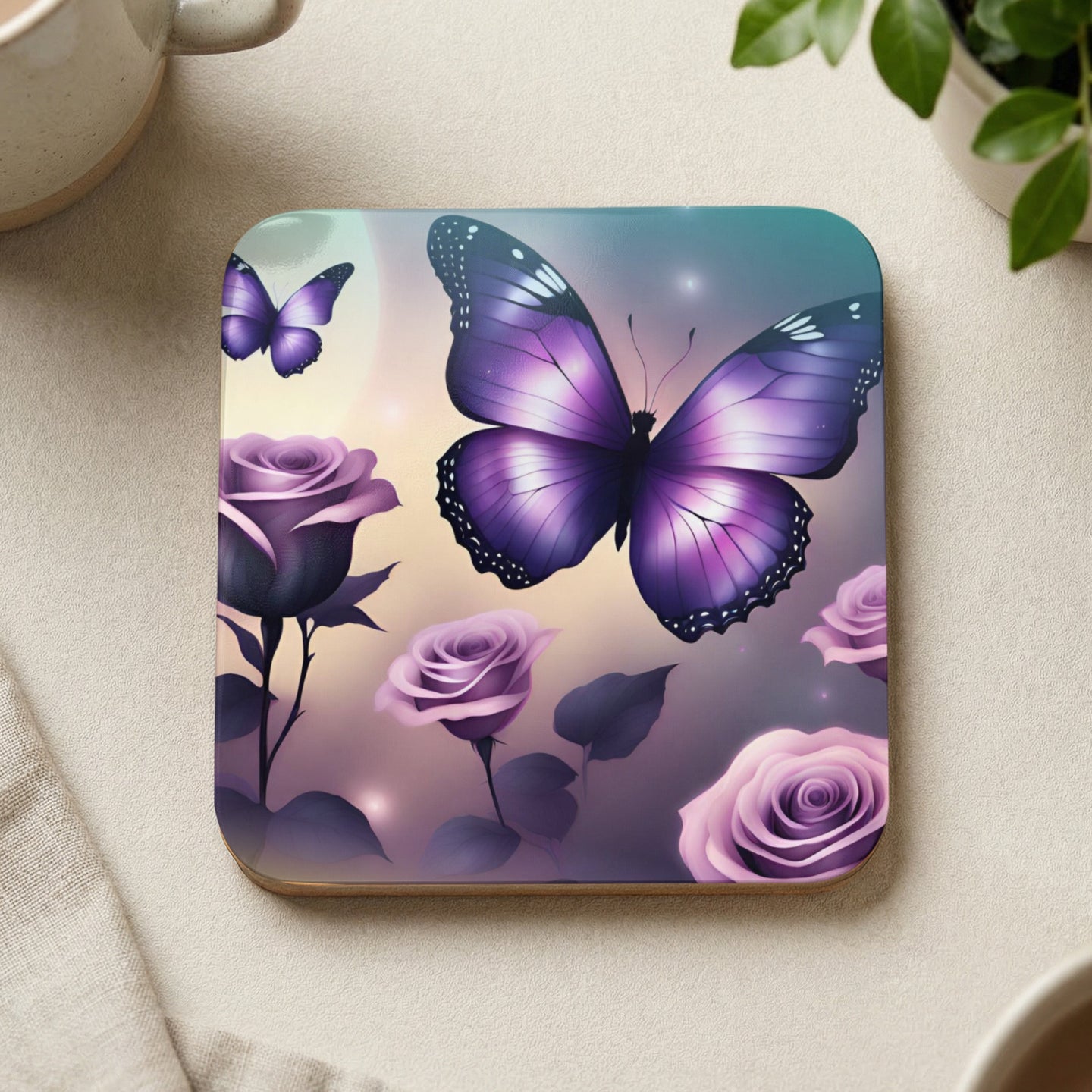 Purple butterflies and roses on a square coaster.