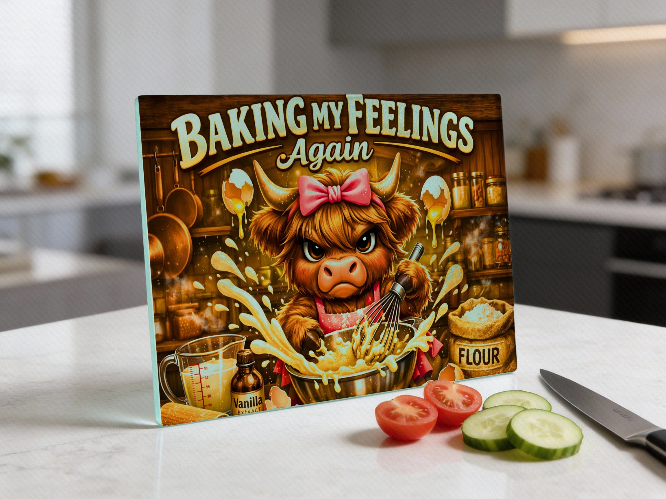 Brown Highland cow with whisk, "Baking My Feelings Again" text, kitchen background.