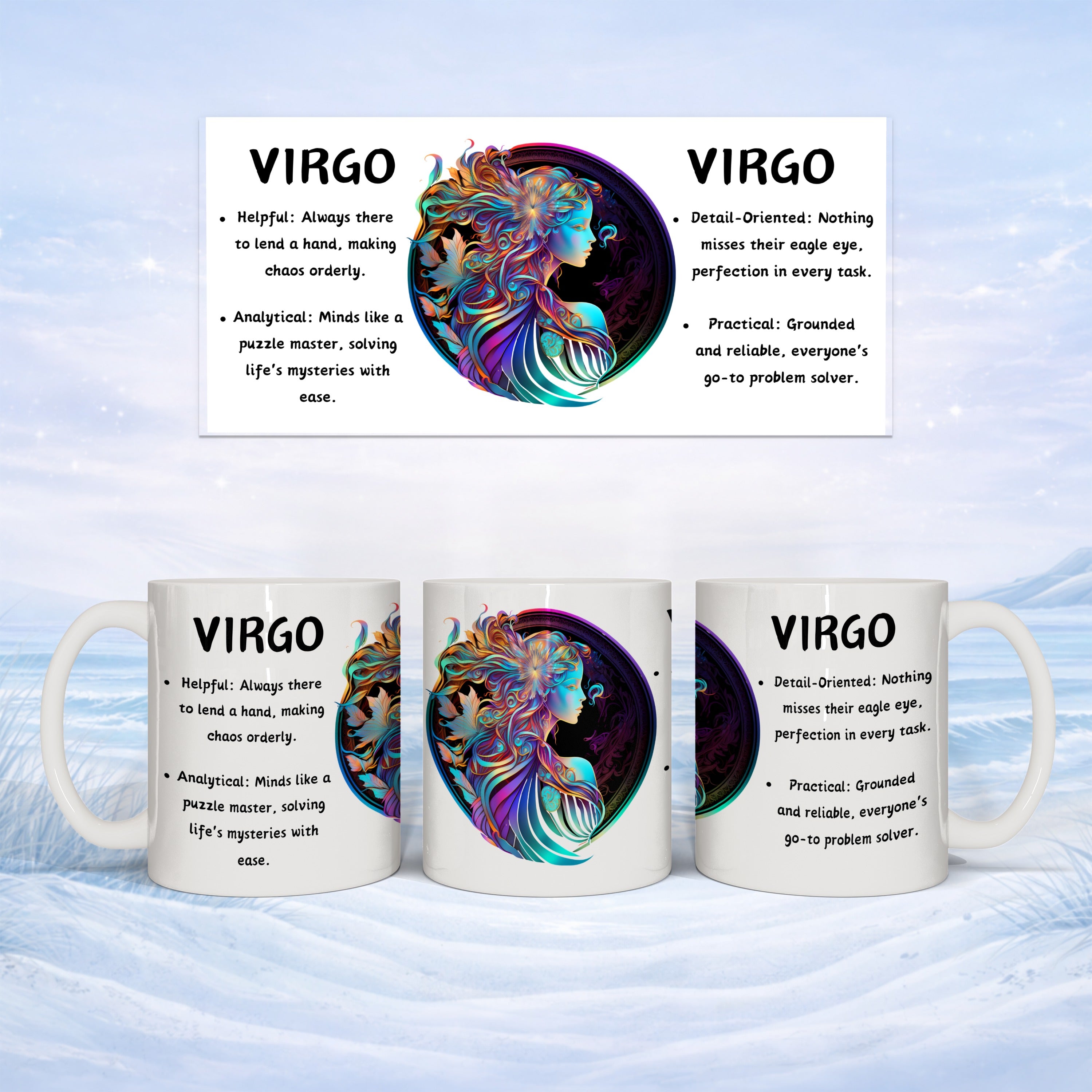 Two mugs, one white and one showing a VIRGO zodiac design, with astrological traits listed.