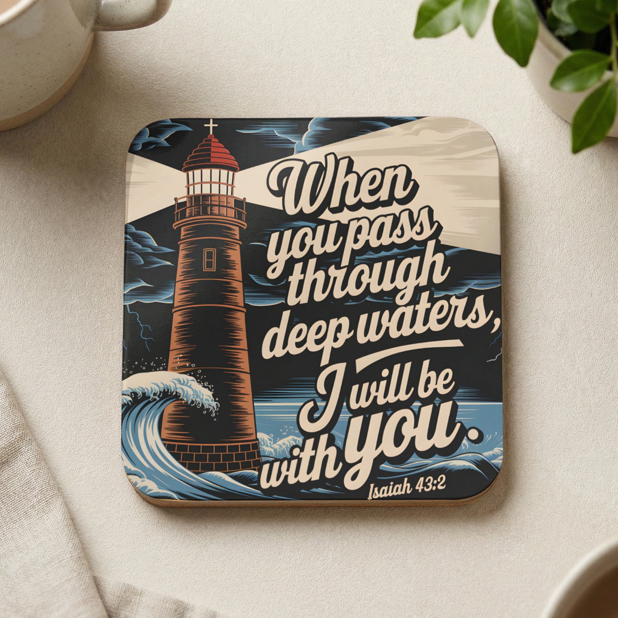 Lighthouse with Bible verse "When you pass through deep waters, I will be with you. Isaiah 43:2."