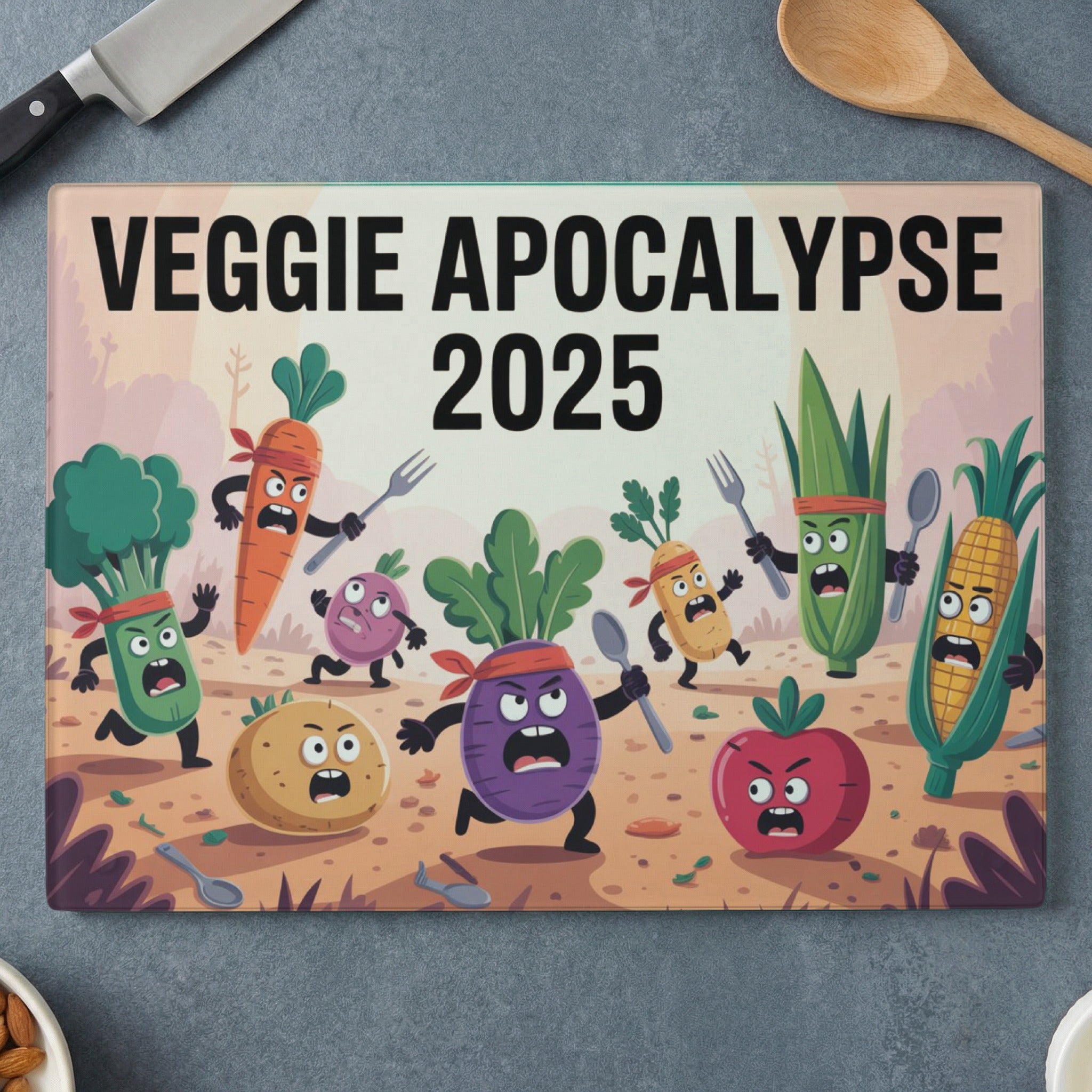 Cartoon vegetables with faces run from an impending doom on a cutting board.