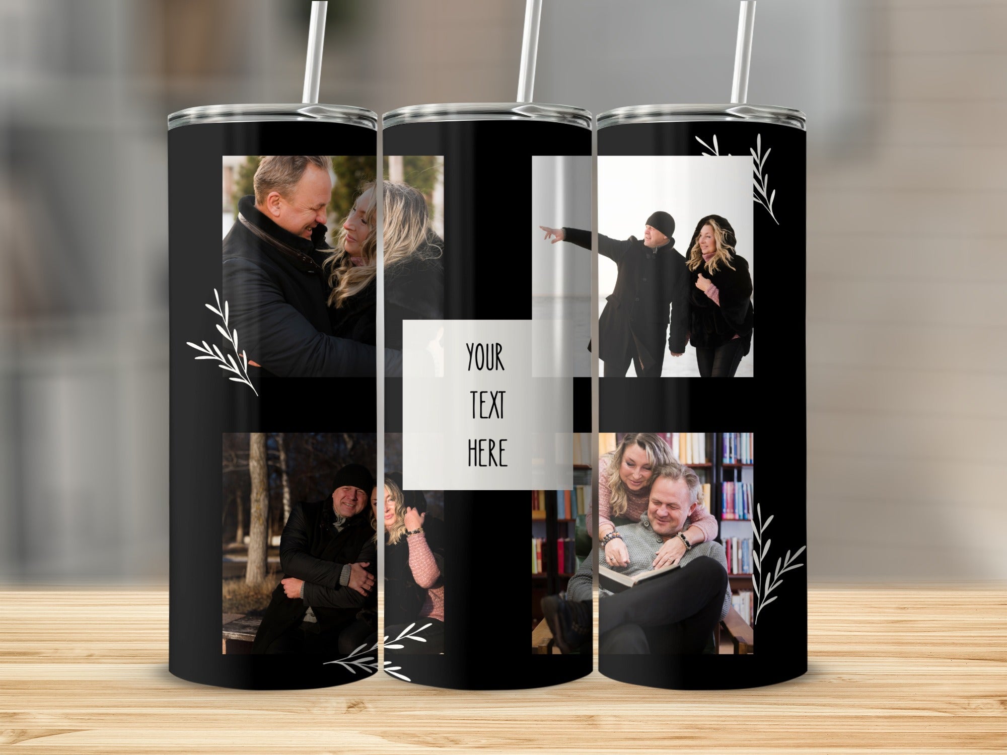 Black tumbler with three photo panels and "YOUR TEXT HERE" placeholder.