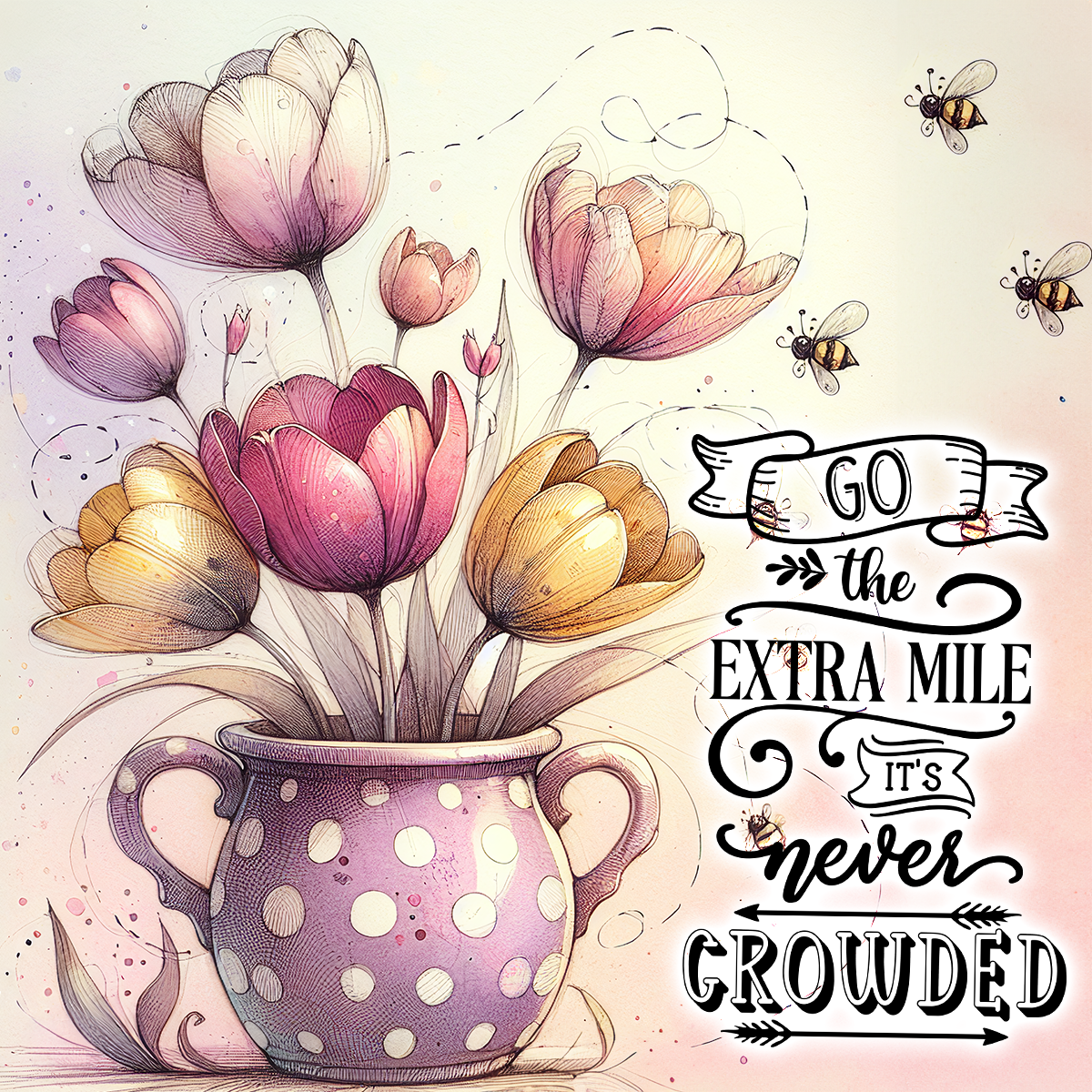 Pink and yellow tulips in a polka dot vase with a "Go the extra mile it's never crowded" quote.