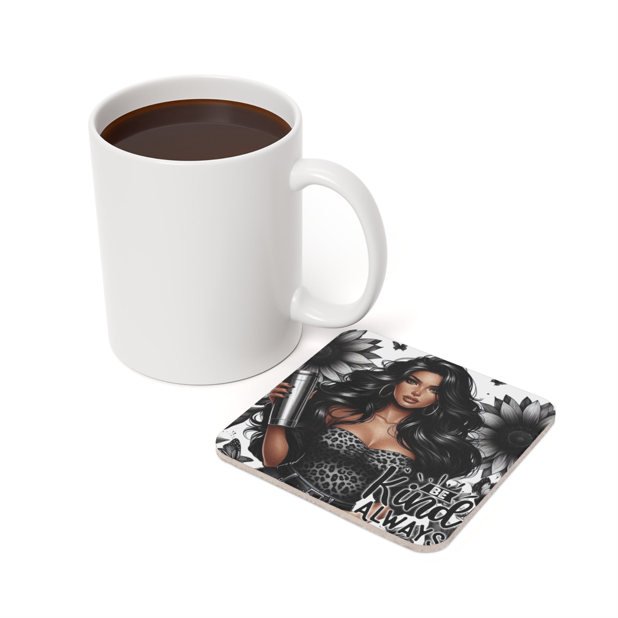 White mug and coaster with woman and floral art reading "Be Kind Always".