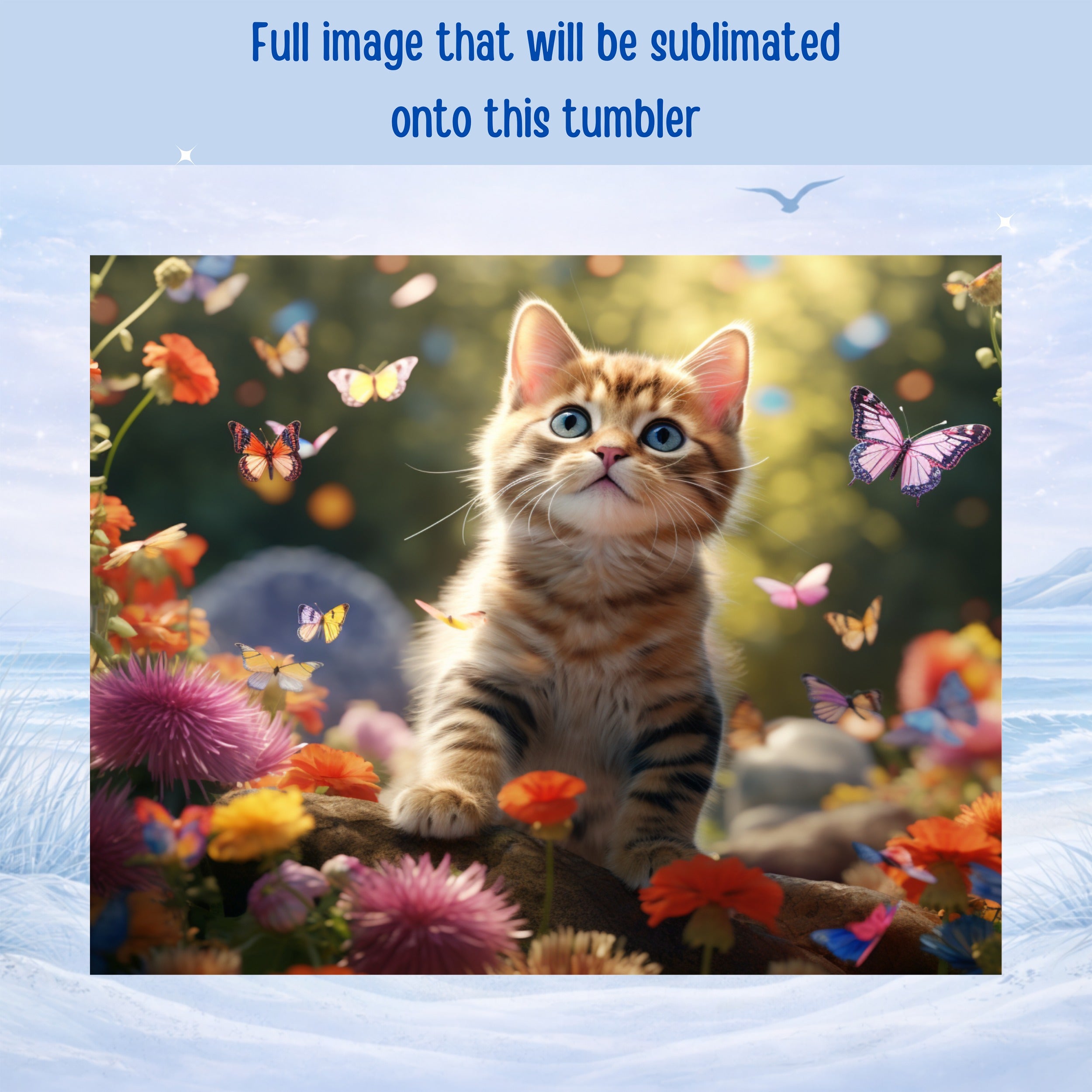 Kitten sitting among colorful flowers and butterflies with snowy background.