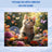 Kitten sitting among colorful flowers and butterflies with snowy background.