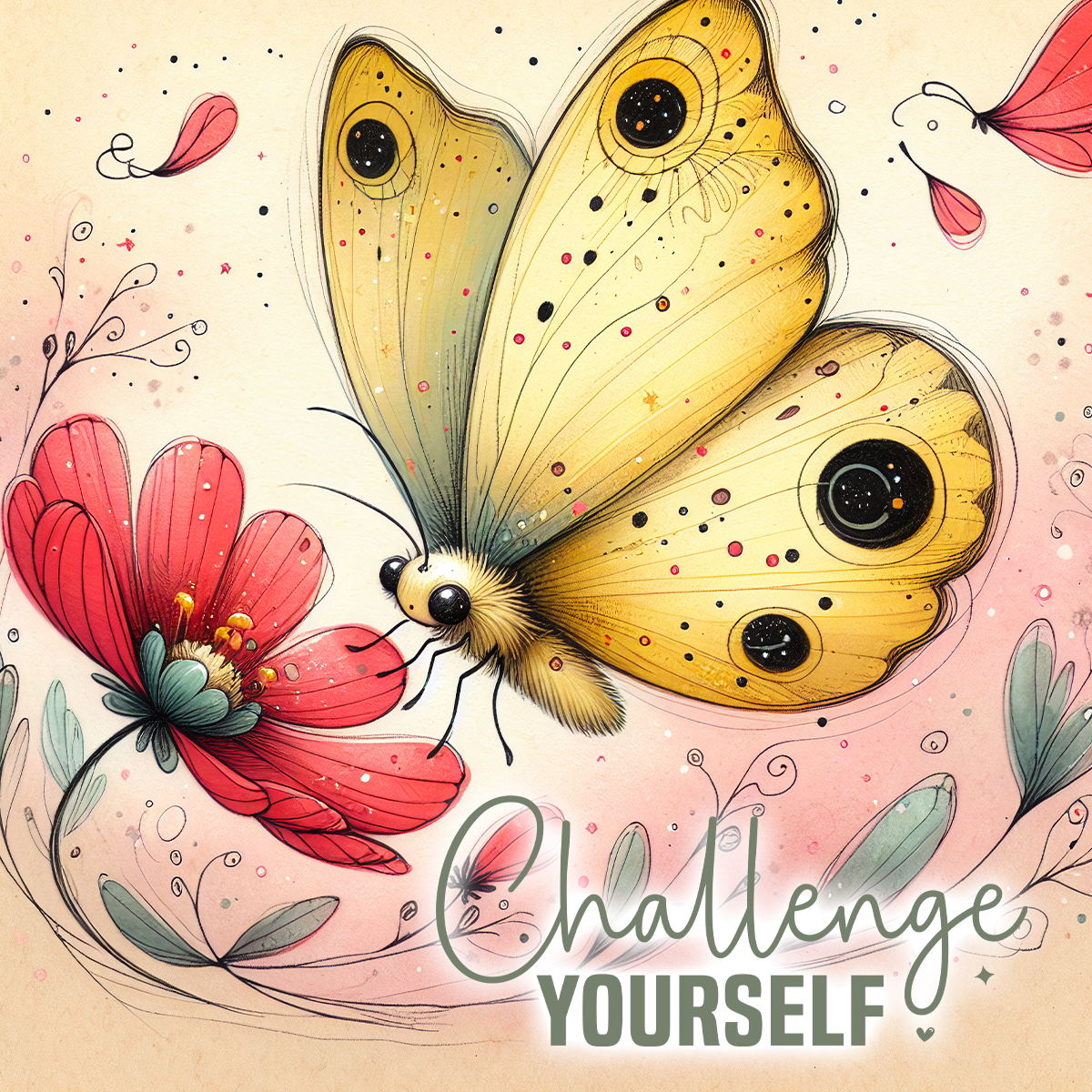 Yellow butterfly with black spots hovering over a red flower with text "Challenge Yourself".