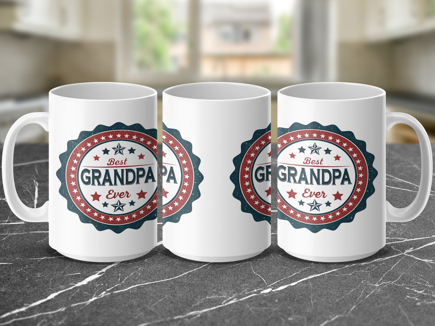 White mug with "Best Grandpa Ever" in red and blue star badge.