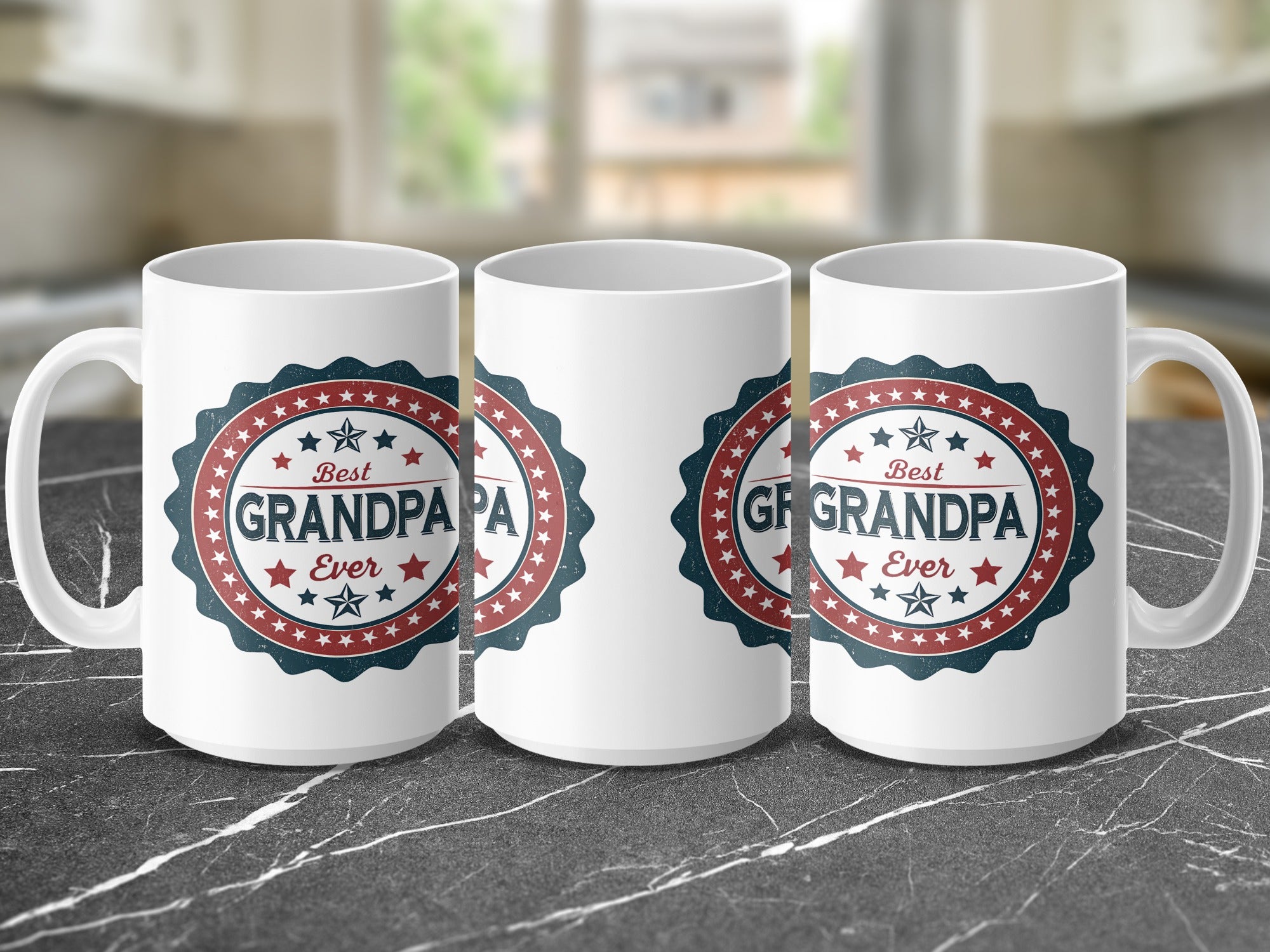 White mug with "Best Grandpa Ever" in red and blue star badge.