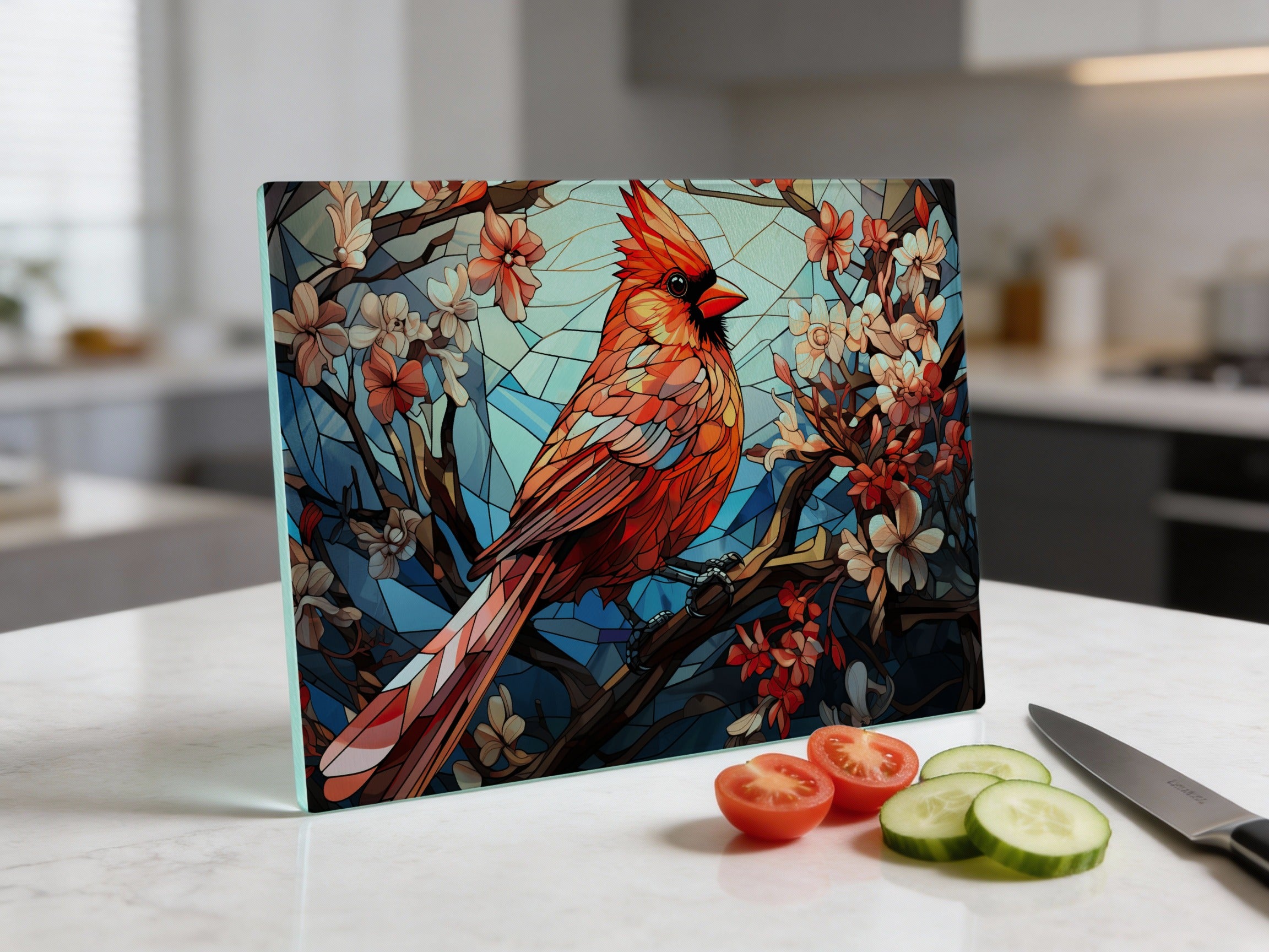 Cardinal on blooming branch with sliced cucumber and tomatoes.
