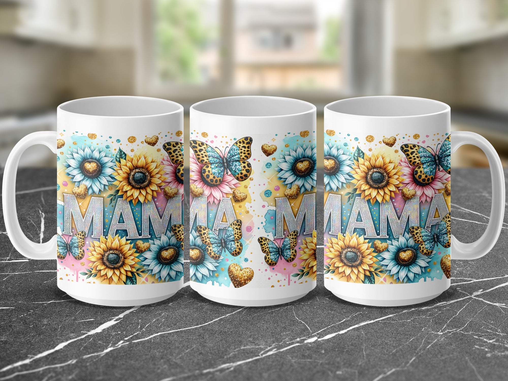 Three mugs with "MAMA" in glitter, surrounded by sunflowers, daisies, and butterflies.