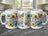 Three mugs with "MAMA" in glitter, surrounded by sunflowers, daisies, and butterflies.