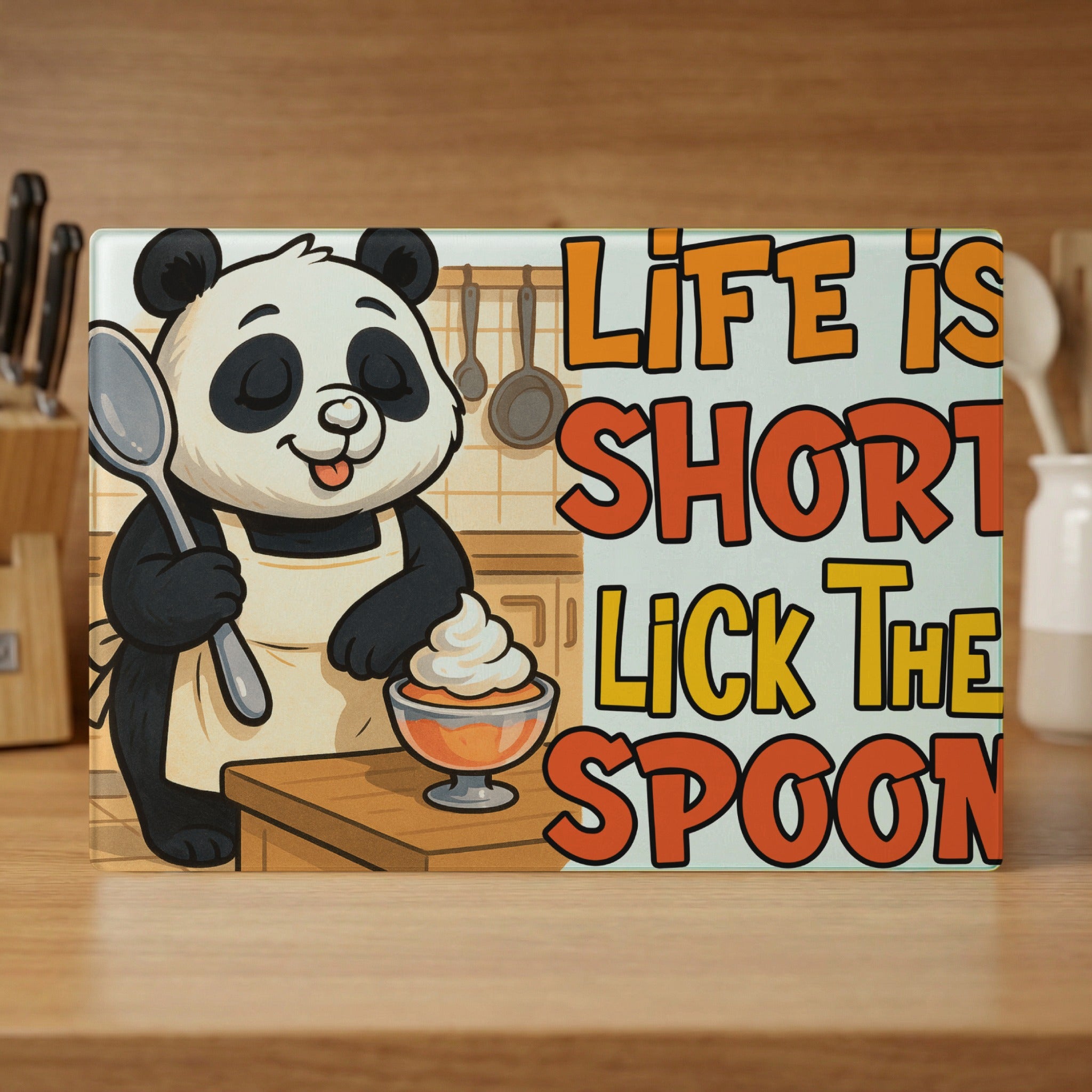 Panda chef holding spoon with "Life is Short Lick The Spoon" text.