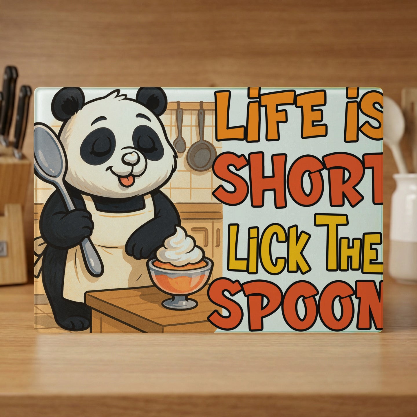 Panda chef holding spoon with "Life is Short Lick The Spoon" text.